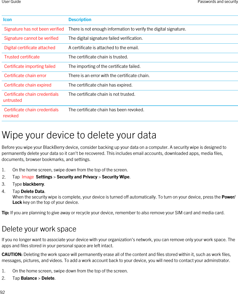 Icon DescriptionSignature has not been verified There is not enough information to verify the digital signature.Signature cannot be verified The digital signature failed verification.Digital certificate attached A certificate is attached to the email.Trusted certificate The certificate chain is trusted.Certificate importing failed The importing of the certificate failed.Certificate chain error There is an error with the certificate chain.Certificate chain expired The certificate chain has expired.Certificate chain credentials untrustedThe certificate chain is not trusted.Certificate chain credentials revokedThe certificate chain has been revoked.Wipe your device to delete your dataBefore you wipe your BlackBerry device, consider backing up your data on a computer. A security wipe is designed to permanently delete your data so it can&apos;t be recovered. This includes email accounts, downloaded apps, media files, documents, browser bookmarks, and settings.1. On the home screen, swipe down from the top of the screen.2. Tap  Image  Settings &gt; Security and Privacy &gt; Security Wipe.3. Type blackberry.4. Tap Delete Data.When the security wipe is complete, your device is turned off automatically. To turn on your device, press the Power/Lock key on the top of your device.Tip: If you are planning to give away or recycle your device, remember to also remove your SIM card and media card.Delete your work spaceIf you no longer want to associate your device with your organization&apos;s network, you can remove only your work space. The apps and files stored in your personal space are left intact.CAUTION: Deleting the work space will permanently erase all of the content and files stored within it, such as work files, messages, pictures, and videos. To add a work account back to your device, you will need to contact your adminstrator.1. On the home screen, swipe down from the top of the screen.2. Tap Balance &gt; Delete.User Guide Passwords and security92