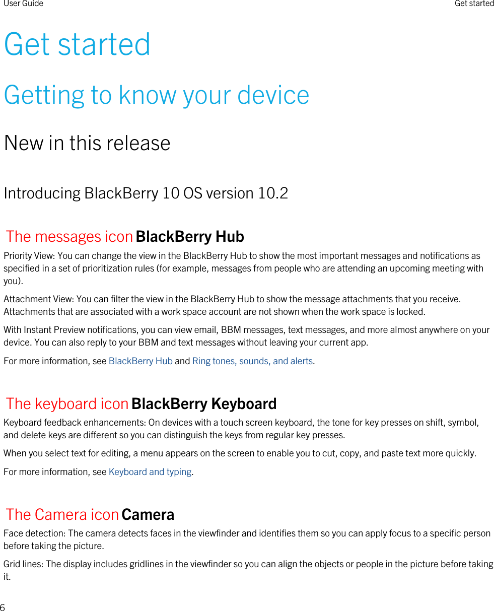 Get startedGetting to know your deviceNew in this releaseIntroducing BlackBerry 10 OS version 10.2The messages iconBlackBerry HubPriority View: You can change the view in the BlackBerry Hub to show the most important messages and notifications as specified in a set of prioritization rules (for example, messages from people who are attending an upcoming meeting with you).Attachment View: You can filter the view in the BlackBerry Hub to show the message attachments that you receive. Attachments that are associated with a work space account are not shown when the work space is locked.With Instant Preview notifications, you can view email, BBM messages, text messages, and more almost anywhere on your device. You can also reply to your BBM and text messages without leaving your current app.For more information, see BlackBerry Hub and Ring tones, sounds, and alerts.The keyboard iconBlackBerry KeyboardKeyboard feedback enhancements: On devices with a touch screen keyboard, the tone for key presses on shift, symbol, and delete keys are different so you can distinguish the keys from regular key presses.When you select text for editing, a menu appears on the screen to enable you to cut, copy, and paste text more quickly.For more information, see Keyboard and typing.The Camera iconCameraFace detection: The camera detects faces in the viewfinder and identifies them so you can apply focus to a specific person before taking the picture.Grid lines: The display includes gridlines in the viewfinder so you can align the objects or people in the picture before taking it.User Guide Get started6
