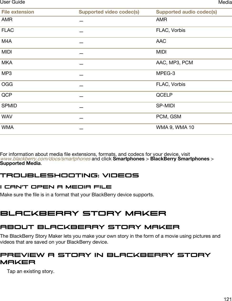 File extension Supported video codec(s) Supported audio codec(s)AMR —AMRFLAC —FLAC, VorbisM4A —AACMIDI —MIDIMKA —AAC, MP3, PCMMP3 —MPEG-3OGG —FLAC, VorbisQCP —QCELPSPMID —SP-MIDIWAV —PCM, GSMWMA —WMA 9, WMA 10For information about media file extensions, formats, and codecs for your device, visit www.blackberry.com/docs/smartphones and click Smartphones &gt; BlackBerry Smartphones &gt; Supported Media.Troubleshooting: VideosI can&apos;t open a media fileMake sure the file is in a format that your BlackBerry device supports.BlackBerry Story MakerAbout BlackBerry Story MakerThe BlackBerry Story Maker lets you make your own story in the form of a movie using pictures and videos that are saved on your BlackBerry device.Preview a story in BlackBerry Story MakerTap an existing story.MediaUser Guide121