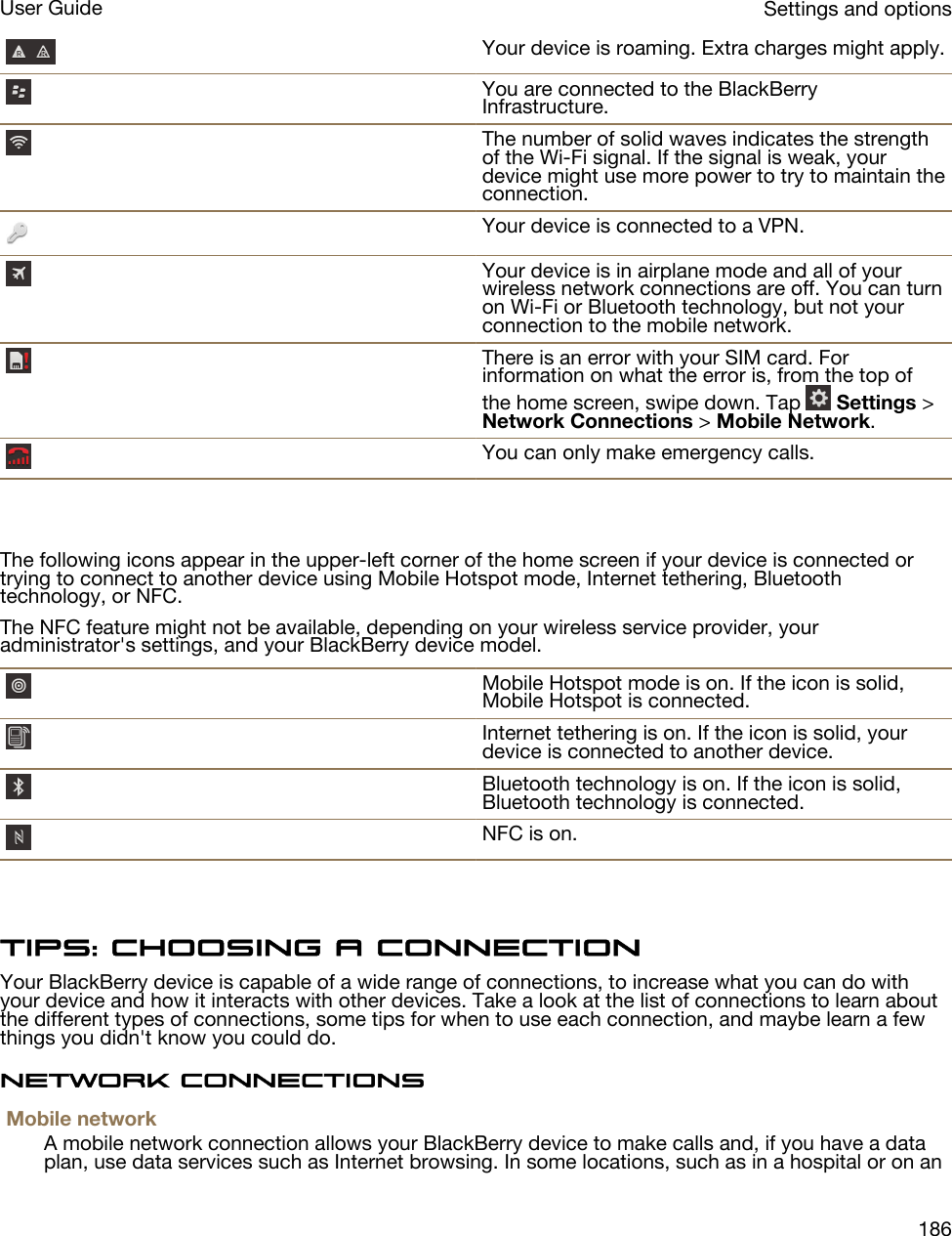 Your device is roaming. Extra charges might apply.You are connected to the BlackBerry Infrastructure.The number of solid waves indicates the strength of the Wi-Fi signal. If the signal is weak, your device might use more power to try to maintain the connection.Your device is connected to a VPN.Your device is in airplane mode and all of your wireless network connections are off. You can turn on Wi-Fi or Bluetooth technology, but not your connection to the mobile network.There is an error with your SIM card. For information on what the error is, from the top of the home screen, swipe down. Tap   Settings &gt; Network Connections &gt; Mobile Network.You can only make emergency calls.The following icons appear in the upper-left corner of the home screen if your device is connected or trying to connect to another device using Mobile Hotspot mode, Internet tethering, Bluetooth technology, or NFC.The NFC feature might not be available, depending on your wireless service provider, your administrator&apos;s settings, and your BlackBerry device model.Mobile Hotspot mode is on. If the icon is solid, Mobile Hotspot is connected.Internet tethering is on. If the icon is solid, your device is connected to another device.Bluetooth technology is on. If the icon is solid, Bluetooth technology is connected.NFC is on.Tips: Choosing a connectionYour BlackBerry device is capable of a wide range of connections, to increase what you can do with your device and how it interacts with other devices. Take a look at the list of connections to learn about the different types of connections, some tips for when to use each connection, and maybe learn a few things you didn&apos;t know you could do.Network connectionsMobile networkA mobile network connection allows your BlackBerry device to make calls and, if you have a data plan, use data services such as Internet browsing. In some locations, such as in a hospital or on an Settings and optionsUser Guide186