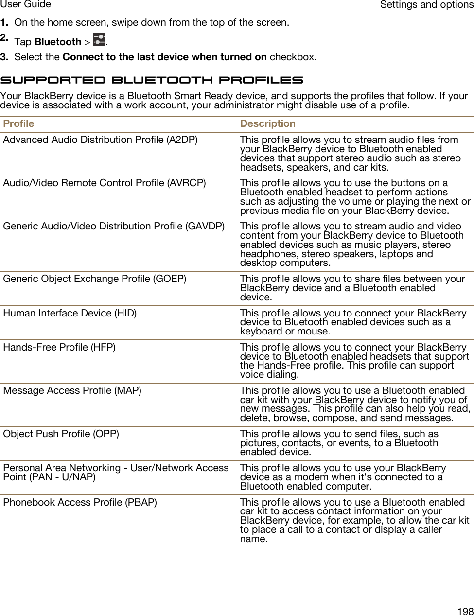 1. On the home screen, swipe down from the top of the screen.2. Tap Bluetooth &gt;  .3. Select the Connect to the last device when turned on checkbox.Supported Bluetooth profilesYour BlackBerry device is a Bluetooth Smart Ready device, and supports the profiles that follow. If your device is associated with a work account, your administrator might disable use of a profile.Profile DescriptionAdvanced Audio Distribution Profile (A2DP) This profile allows you to stream audio files from your BlackBerry device to Bluetooth enabled devices that support stereo audio such as stereo headsets, speakers, and car kits.Audio/Video Remote Control Profile (AVRCP) This profile allows you to use the buttons on a Bluetooth enabled headset to perform actions such as adjusting the volume or playing the next or previous media file on your BlackBerry device.Generic Audio/Video Distribution Profile (GAVDP) This profile allows you to stream audio and video content from your BlackBerry device to Bluetooth enabled devices such as music players, stereo headphones, stereo speakers, laptops and desktop computers.Generic Object Exchange Profile (GOEP) This profile allows you to share files between your BlackBerry device and a Bluetooth enabled device.Human Interface Device (HID) This profile allows you to connect your BlackBerry device to Bluetooth enabled devices such as a keyboard or mouse.Hands-Free Profile (HFP) This profile allows you to connect your BlackBerry device to Bluetooth enabled headsets that support the Hands-Free profile. This profile can support voice dialing.Message Access Profile (MAP) This profile allows you to use a Bluetooth enabled car kit with your BlackBerry device to notify you of new messages. This profile can also help you read, delete, browse, compose, and send messages.Object Push Profile (OPP) This profile allows you to send files, such as pictures, contacts, or events, to a Bluetooth enabled device.Personal Area Networking - User/Network Access Point (PAN - U/NAP) This profile allows you to use your BlackBerry device as a modem when it&apos;s connected to a Bluetooth enabled computer.Phonebook Access Profile (PBAP) This profile allows you to use a Bluetooth enabled car kit to access contact information on your BlackBerry device, for example, to allow the car kit to place a call to a contact or display a caller name.Settings and optionsUser Guide198