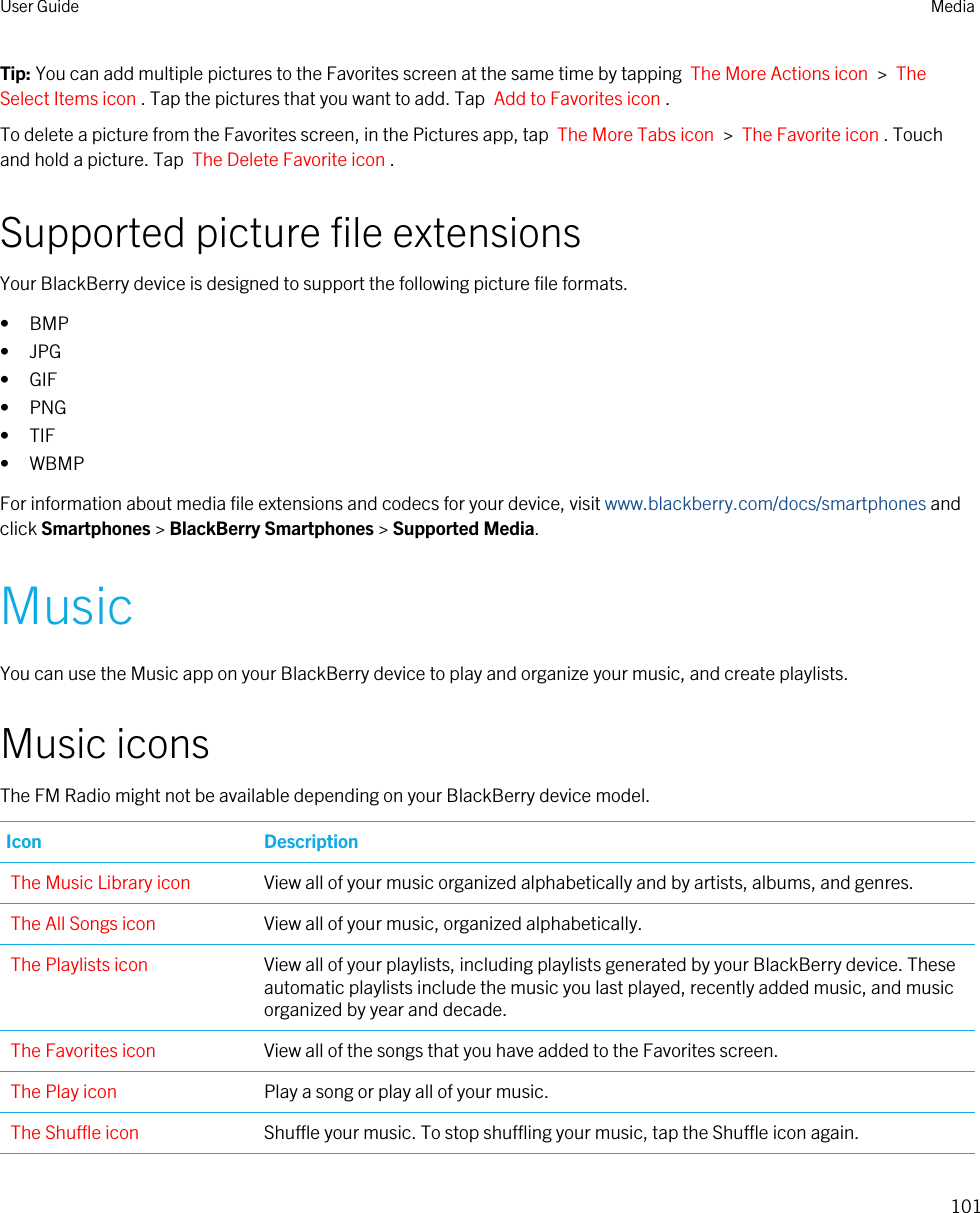 Tip: You can add multiple pictures to the Favorites screen at the same time by tapping  The More Actions icon  &gt;  The Select Items icon . Tap the pictures that you want to add. Tap  Add to Favorites icon .To delete a picture from the Favorites screen, in the Pictures app, tap  The More Tabs icon  &gt;  The Favorite icon . Touch and hold a picture. Tap  The Delete Favorite icon .Supported picture file extensionsYour BlackBerry device is designed to support the following picture file formats.• BMP• JPG• GIF• PNG• TIF• WBMPFor information about media file extensions and codecs for your device, visit www.blackberry.com/docs/smartphones and click Smartphones &gt; BlackBerry Smartphones &gt; Supported Media.MusicYou can use the Music app on your BlackBerry device to play and organize your music, and create playlists.Music iconsThe FM Radio might not be available depending on your BlackBerry device model.Icon DescriptionThe Music Library icon View all of your music organized alphabetically and by artists, albums, and genres.The All Songs icon View all of your music, organized alphabetically.The Playlists icon View all of your playlists, including playlists generated by your BlackBerry device. These automatic playlists include the music you last played, recently added music, and music organized by year and decade.The Favorites icon View all of the songs that you have added to the Favorites screen.The Play icon Play a song or play all of your music.The Shuffle icon Shuffle your music. To stop shuffling your music, tap the Shuffle icon again.User Guide Media101