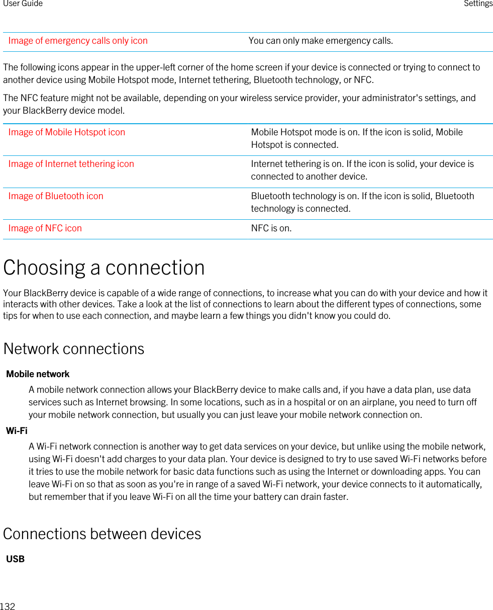 Image of emergency calls only icon You can only make emergency calls.The following icons appear in the upper-left corner of the home screen if your device is connected or trying to connect to another device using Mobile Hotspot mode, Internet tethering, Bluetooth technology, or NFC.The NFC feature might not be available, depending on your wireless service provider, your administrator&apos;s settings, and your BlackBerry device model.Image of Mobile Hotspot icon Mobile Hotspot mode is on. If the icon is solid, Mobile Hotspot is connected.Image of Internet tethering icon Internet tethering is on. If the icon is solid, your device is connected to another device.Image of Bluetooth icon Bluetooth technology is on. If the icon is solid, Bluetooth technology is connected.Image of NFC icon NFC is on.Choosing a connectionYour BlackBerry device is capable of a wide range of connections, to increase what you can do with your device and how it interacts with other devices. Take a look at the list of connections to learn about the different types of connections, some tips for when to use each connection, and maybe learn a few things you didn&apos;t know you could do.Network connectionsMobile networkA mobile network connection allows your BlackBerry device to make calls and, if you have a data plan, use data services such as Internet browsing. In some locations, such as in a hospital or on an airplane, you need to turn off your mobile network connection, but usually you can just leave your mobile network connection on.Wi-FiA Wi-Fi network connection is another way to get data services on your device, but unlike using the mobile network, using Wi-Fi doesn&apos;t add charges to your data plan. Your device is designed to try to use saved Wi-Fi networks before it tries to use the mobile network for basic data functions such as using the Internet or downloading apps. You can leave Wi-Fi on so that as soon as you&apos;re in range of a saved Wi-Fi network, your device connects to it automatically, but remember that if you leave Wi-Fi on all the time your battery can drain faster.Connections between devicesUSBUser Guide Settings132