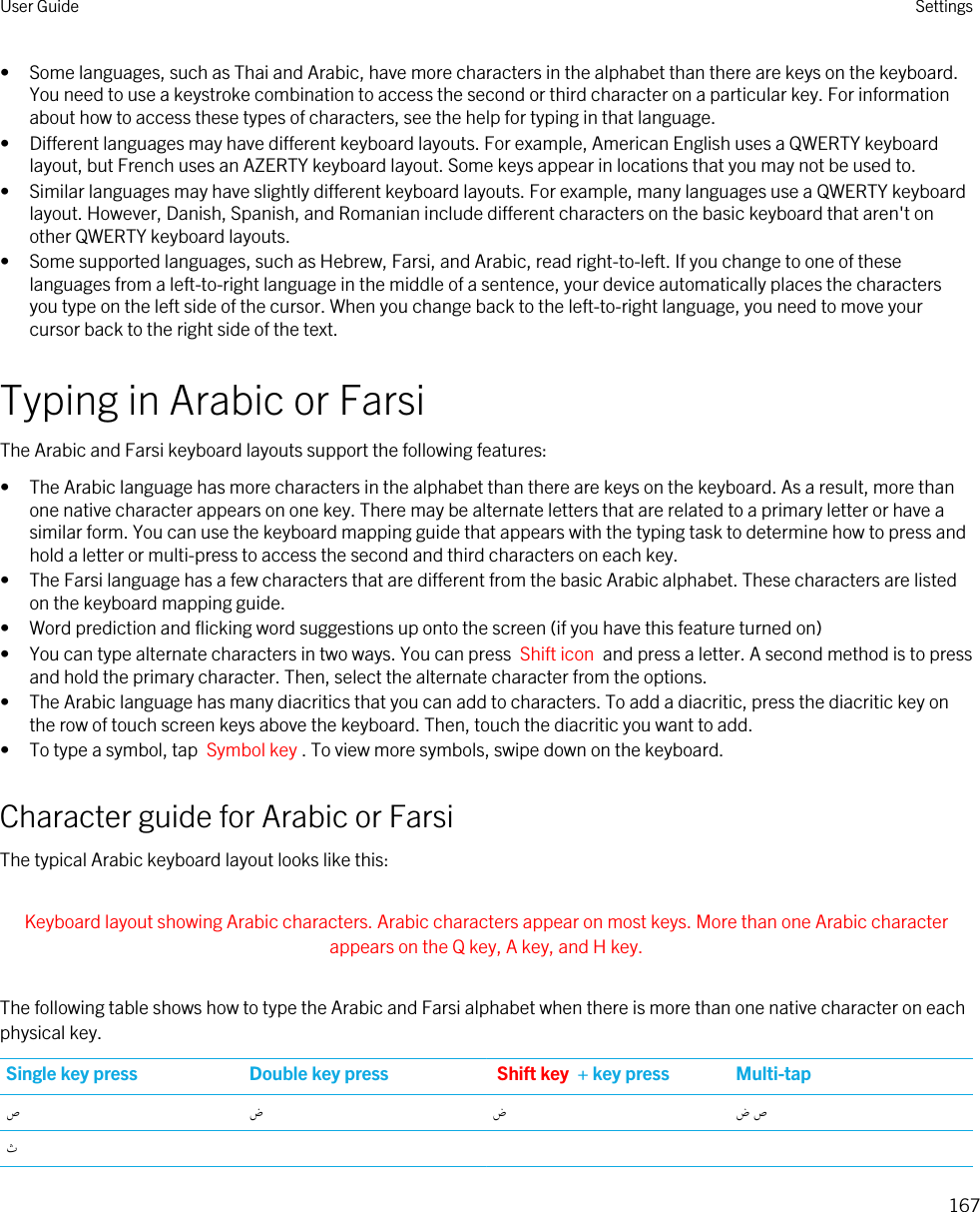 • Some languages, such as Thai and Arabic, have more characters in the alphabet than there are keys on the keyboard. You need to use a keystroke combination to access the second or third character on a particular key. For information about how to access these types of characters, see the help for typing in that language.• Different languages may have different keyboard layouts. For example, American English uses a QWERTY keyboard layout, but French uses an AZERTY keyboard layout. Some keys appear in locations that you may not be used to.• Similar languages may have slightly different keyboard layouts. For example, many languages use a QWERTY keyboard layout. However, Danish, Spanish, and Romanian include different characters on the basic keyboard that aren&apos;t on other QWERTY keyboard layouts.• Some supported languages, such as Hebrew, Farsi, and Arabic, read right-to-left. If you change to one of these languages from a left-to-right language in the middle of a sentence, your device automatically places the characters you type on the left side of the cursor. When you change back to the left-to-right language, you need to move your cursor back to the right side of the text.Typing in Arabic or FarsiThe Arabic and Farsi keyboard layouts support the following features:• The Arabic language has more characters in the alphabet than there are keys on the keyboard. As a result, more than one native character appears on one key. There may be alternate letters that are related to a primary letter or have a similar form. You can use the keyboard mapping guide that appears with the typing task to determine how to press and hold a letter or multi-press to access the second and third characters on each key.• The Farsi language has a few characters that are different from the basic Arabic alphabet. These characters are listed on the keyboard mapping guide.• Word prediction and flicking word suggestions up onto the screen (if you have this feature turned on)• You can type alternate characters in two ways. You can press  Shift icon  and press a letter. A second method is to press and hold the primary character. Then, select the alternate character from the options.• The Arabic language has many diacritics that you can add to characters. To add a diacritic, press the diacritic key on the row of touch screen keys above the keyboard. Then, touch the diacritic you want to add.• To type a symbol, tap  Symbol key . To view more symbols, swipe down on the keyboard.Character guide for Arabic or FarsiThe typical Arabic keyboard layout looks like this: Keyboard layout showing Arabic characters. Arabic characters appear on most keys. More than one Arabic character appears on the Q key, A key, and H key. The following table shows how to type the Arabic and Farsi alphabet when there is more than one native character on each physical key.Single key press Double key press Shift key  + key press Multi-tapص ض ض ص ضثUser Guide Settings167