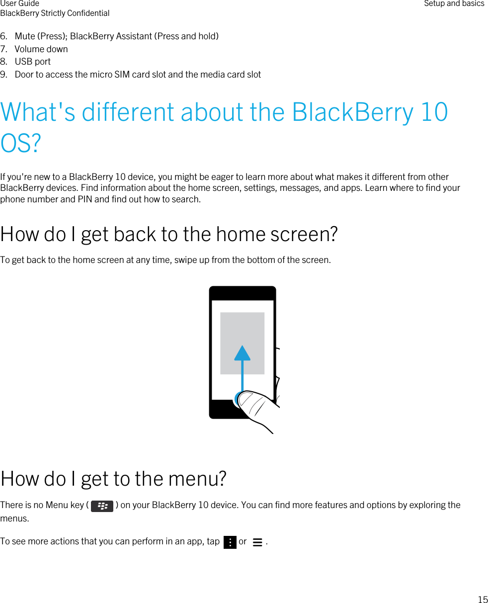 6. Mute (Press); BlackBerry Assistant (Press and hold)7. Volume down8. USB port9. Door to access the micro SIM card slot and the media card slotWhat&apos;s different about the BlackBerry 10 OS?If you&apos;re new to a BlackBerry 10 device, you might be eager to learn more about what makes it different from other BlackBerry devices. Find information about the home screen, settings, messages, and apps. Learn where to find your phone number and PIN and find out how to search.How do I get back to the home screen?To get back to the home screen at any time, swipe up from the bottom of the screen.  How do I get to the menu?There is no Menu key ( ) on your BlackBerry 10 device. You can find more features and options by exploring the menus.To see more actions that you can perform in an app, tap  or  . User GuideBlackBerry Strictly Confidential Setup and basics15