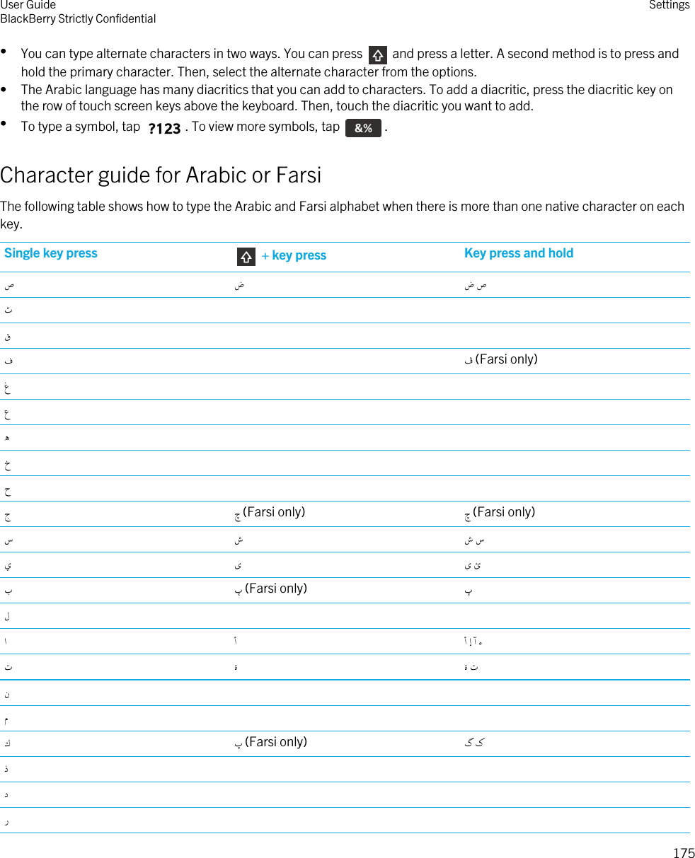 •You can type alternate characters in two ways. You can press   and press a letter. A second method is to press and hold the primary character. Then, select the alternate character from the options.• The Arabic language has many diacritics that you can add to characters. To add a diacritic, press the diacritic key on the row of touch screen keys above the keyboard. Then, touch the diacritic you want to add.•To type a symbol, tap  . To view more symbols, tap  .Character guide for Arabic or FarsiThe following table shows how to type the Arabic and Farsi alphabet when there is more than one native character on each key.Single key press  + key press Key press and holdص ض ص ضثقف ڤ (Farsi only)غعهخحج چ (Farsi only) چ (Farsi only)س ش س شي ى ئ ىب پ (Farsi only) پلاأ ء أ ا أت ة ت ةنمك پ (Farsi only) ک گذدرUser GuideBlackBerry Strictly Confidential Settings175