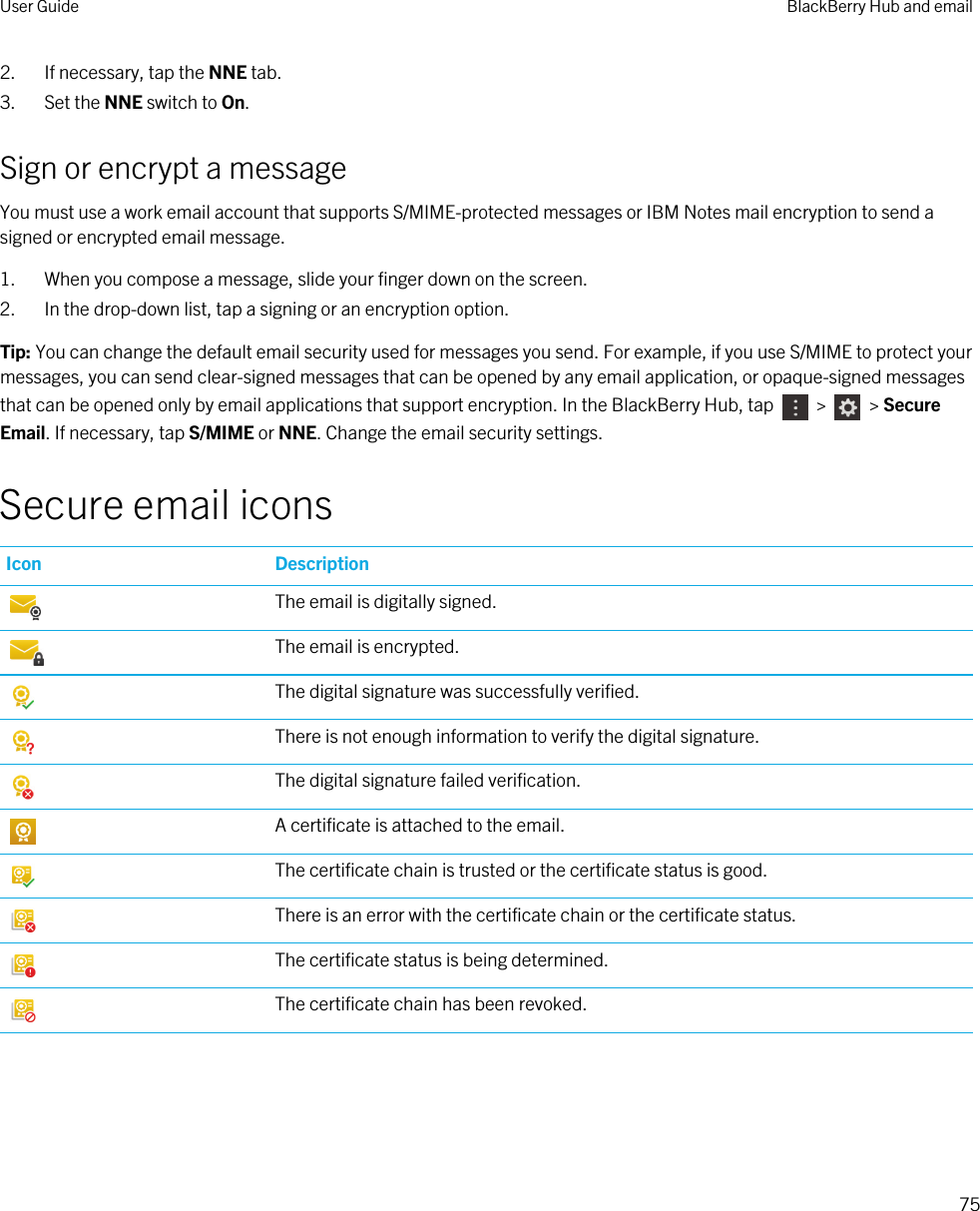 2. If necessary, tap the NNE tab.3. Set the NNE switch to On.Sign or encrypt a messageYou must use a work email account that supports S/MIME-protected messages or IBM Notes mail encryption to send a signed or encrypted email message.1. When you compose a message, slide your finger down on the screen.2. In the drop-down list, tap a signing or an encryption option.Tip: You can change the default email security used for messages you send. For example, if you use S/MIME to protect your messages, you can send clear-signed messages that can be opened by any email application, or opaque-signed messages that can be opened only by email applications that support encryption. In the BlackBerry Hub, tap   &gt;   &gt; Secure Email. If necessary, tap S/MIME or NNE. Change the email security settings.Secure email iconsIcon DescriptionThe email is digitally signed.The email is encrypted.The digital signature was successfully verified.There is not enough information to verify the digital signature.The digital signature failed verification.A certificate is attached to the email.The certificate chain is trusted or the certificate status is good.There is an error with the certificate chain or the certificate status.The certificate status is being determined.The certificate chain has been revoked.User Guide BlackBerry Hub and email75