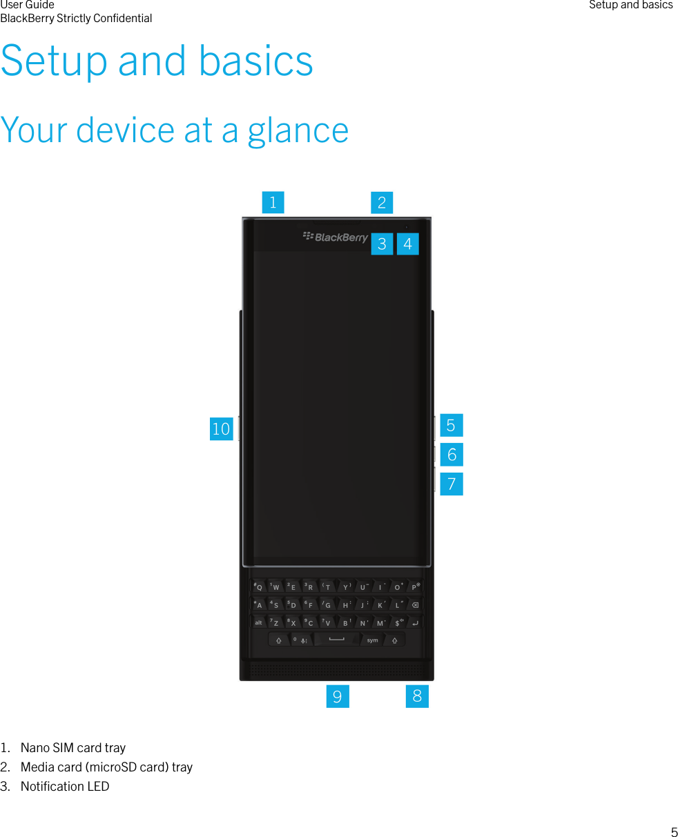 Setup and basicsYour device at a glance  1. Nano SIM card tray2. Media card (microSD card) tray3. Notiﬁcation LEDUser GuideBlackBerry Strictly ConﬁdentialSetup and basics5