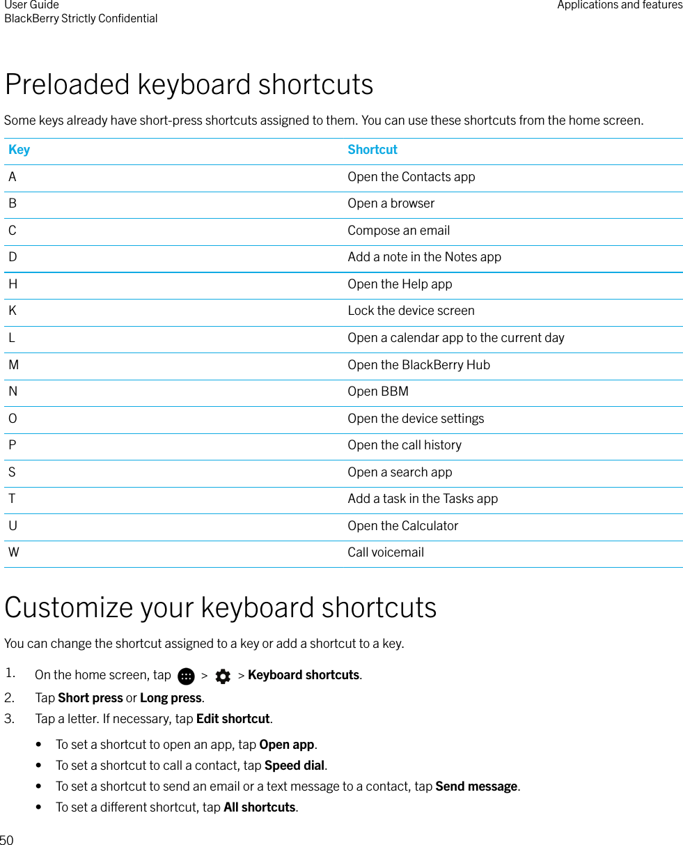 Preloaded keyboard shortcutsSome keys already have short-press shortcuts assigned to them. You can use these shortcuts from the home screen.Key ShortcutA Open the Contacts appB Open a browserC Compose an emailD Add a note in the Notes appH Open the Help appK Lock the device screenL Open a calendar app to the current dayM Open the BlackBerry HubN Open BBMO Open the device settingsP Open the call historyS Open a search appT Add a task in the Tasks appU Open the CalculatorW Call voicemailCustomize your keyboard shortcutsYou can change the shortcut assigned to a key or add a shortcut to a key.1. On the home screen, tap   &gt;   &gt; Keyboard shortcuts.2. Tap Short press or Long press.3. Tap a letter. If necessary, tap Edit shortcut.• To set a shortcut to open an app, tap Open app.• To set a shortcut to call a contact, tap Speed dial.• To set a shortcut to send an email or a text message to a contact, tap Send message.• To set a dierent shortcut, tap All shortcuts.User GuideBlackBerry Strictly ConﬁdentialApplications and features50