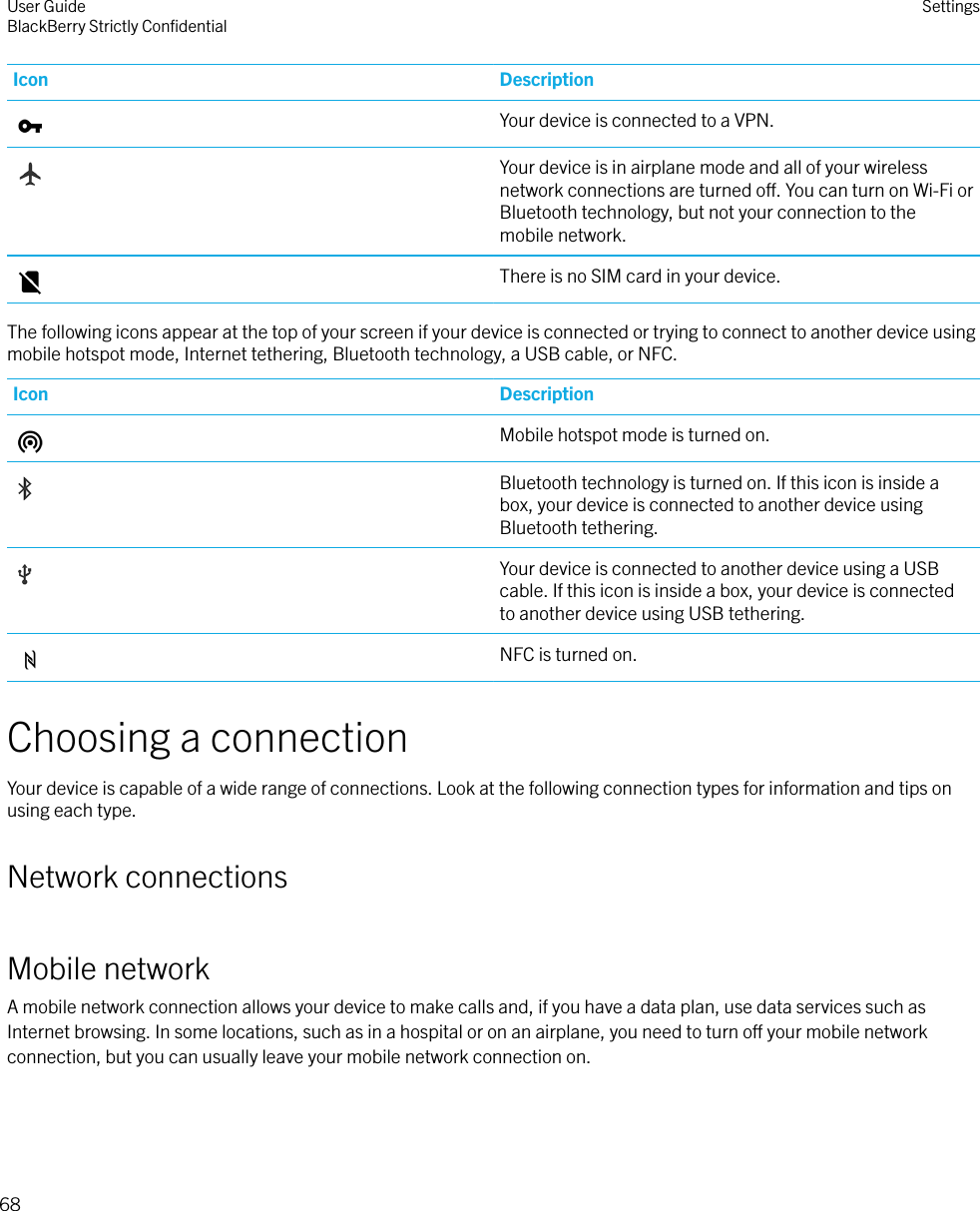 Icon DescriptionYour device is connected to a VPN.Your device is in airplane mode and all of your wirelessnetwork connections are turned o. You can turn on Wi-Fi orBluetooth technology, but not your connection to themobile network.There is no SIM card in your device.The following icons appear at the top of your screen if your device is connected or trying to connect to another device usingmobile hotspot mode, Internet tethering, Bluetooth technology, a USB cable, or NFC.Icon DescriptionMobile hotspot mode is turned on.Bluetooth technology is turned on. If this icon is inside abox, your device is connected to another device usingBluetooth tethering.Your device is connected to another device using a USBcable. If this icon is inside a box, your device is connectedto another device using USB tethering.NFC is turned on.Choosing a connectionYour device is capable of a wide range of connections. Look at the following connection types for information and tips onusing each type.Network connectionsMobile networkA mobile network connection allows your device to make calls and, if you have a data plan, use data services such asInternet browsing. In some locations, such as in a hospital or on an airplane, you need to turn o your mobile networkconnection, but you can usually leave your mobile network connection on.User GuideBlackBerry Strictly ConﬁdentialSettings68