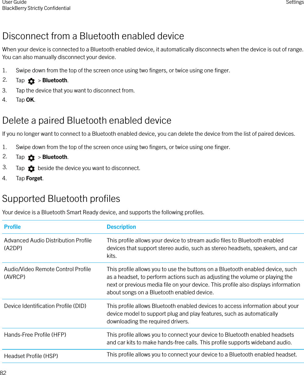 Disconnect from a Bluetooth enabled deviceWhen your device is connected to a Bluetooth enabled device, it automatically disconnects when the device is out of range.You can also manually disconnect your device.1. Swipe down from the top of the screen once using two ﬁngers, or twice using one ﬁnger.2. Tap   &gt; Bluetooth.3. Tap the device that you want to disconnect from.4. Tap OK.Delete a paired Bluetooth enabled deviceIf you no longer want to connect to a Bluetooth enabled device, you can delete the device from the list of paired devices.1. Swipe down from the top of the screen once using two ﬁngers, or twice using one ﬁnger.2. Tap   &gt; Bluetooth.3. Tap   beside the device you want to disconnect.4. Tap Forget.Supported Bluetooth proﬁlesYour device is a Bluetooth Smart Ready device, and supports the following proﬁles.Proﬁle DescriptionAdvanced Audio Distribution Proﬁle(A2DP)This proﬁle allows your device to stream audio ﬁles to Bluetooth enableddevices that support stereo audio, such as stereo headsets, speakers, and carkits.Audio/Video Remote Control Proﬁle(AVRCP)This proﬁle allows you to use the buttons on a Bluetooth enabled device, suchas a headset, to perform actions such as adjusting the volume or playing thenext or previous media ﬁle on your device. This proﬁle also displays informationabout songs on a Bluetooth enabled device.Device Identiﬁcation Proﬁle (DID) This proﬁle allows Bluetooth enabled devices to access information about yourdevice model to support plug and play features, such as automaticallydownloading the required drivers.Hands-Free Proﬁle (HFP) This proﬁle allows you to connect your device to Bluetooth enabled headsetsand car kits to make hands-free calls. This proﬁle supports wideband audio.Headset Proﬁle (HSP) This proﬁle allows you to connect your device to a Bluetooth enabled headset.User GuideBlackBerry Strictly ConﬁdentialSettings82