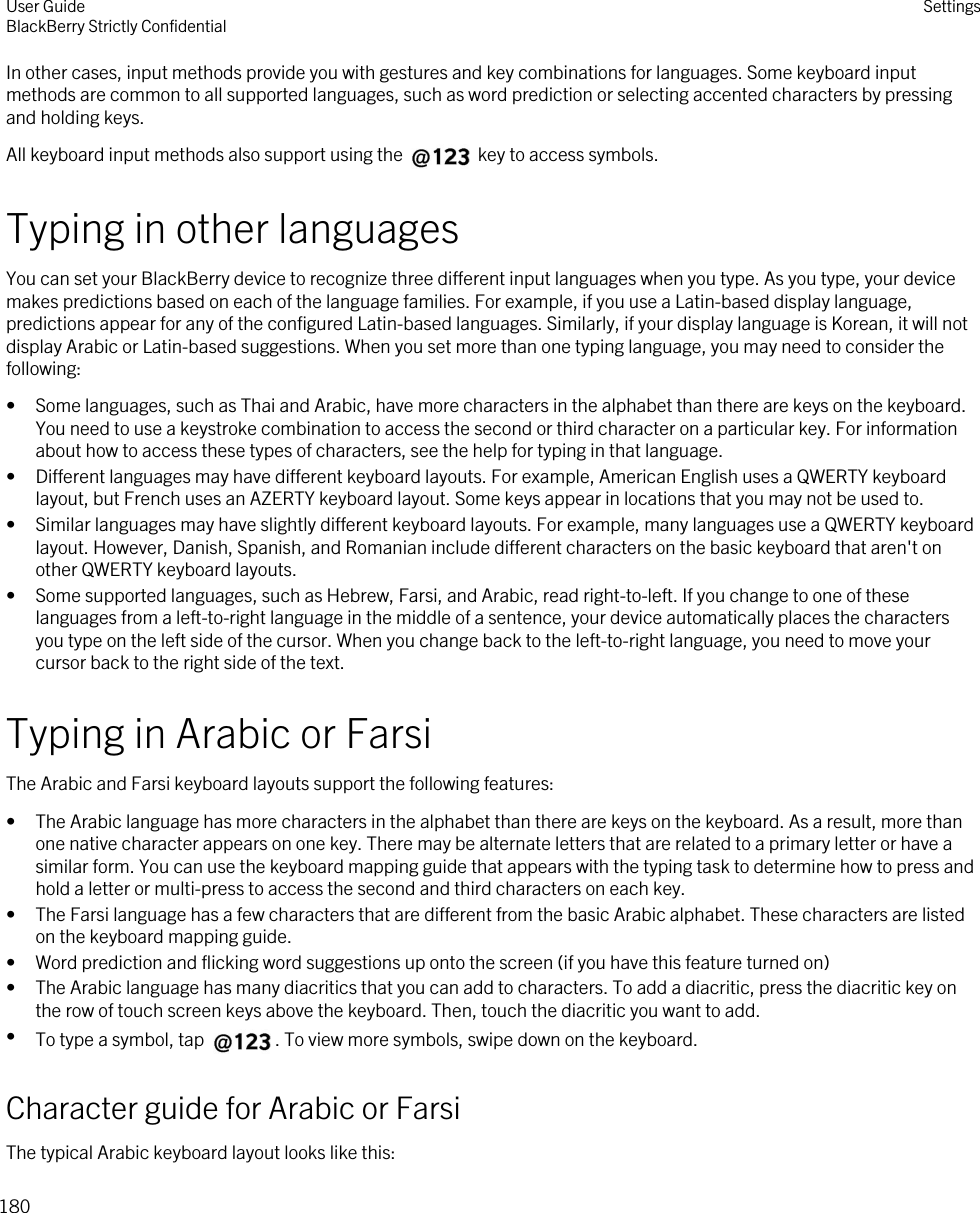 In other cases, input methods provide you with gestures and key combinations for languages. Some keyboard input methods are common to all supported languages, such as word prediction or selecting accented characters by pressing and holding keys.All keyboard input methods also support using the   key to access symbols.Typing in other languagesYou can set your BlackBerry device to recognize three different input languages when you type. As you type, your device makes predictions based on each of the language families. For example, if you use a Latin-based display language, predictions appear for any of the configured Latin-based languages. Similarly, if your display language is Korean, it will not display Arabic or Latin-based suggestions. When you set more than one typing language, you may need to consider the following:• Some languages, such as Thai and Arabic, have more characters in the alphabet than there are keys on the keyboard. You need to use a keystroke combination to access the second or third character on a particular key. For information about how to access these types of characters, see the help for typing in that language.• Different languages may have different keyboard layouts. For example, American English uses a QWERTY keyboard layout, but French uses an AZERTY keyboard layout. Some keys appear in locations that you may not be used to.• Similar languages may have slightly different keyboard layouts. For example, many languages use a QWERTY keyboard layout. However, Danish, Spanish, and Romanian include different characters on the basic keyboard that aren&apos;t on other QWERTY keyboard layouts.• Some supported languages, such as Hebrew, Farsi, and Arabic, read right-to-left. If you change to one of these languages from a left-to-right language in the middle of a sentence, your device automatically places the characters you type on the left side of the cursor. When you change back to the left-to-right language, you need to move your cursor back to the right side of the text.Typing in Arabic or FarsiThe Arabic and Farsi keyboard layouts support the following features:• The Arabic language has more characters in the alphabet than there are keys on the keyboard. As a result, more than one native character appears on one key. There may be alternate letters that are related to a primary letter or have a similar form. You can use the keyboard mapping guide that appears with the typing task to determine how to press and hold a letter or multi-press to access the second and third characters on each key.• The Farsi language has a few characters that are different from the basic Arabic alphabet. These characters are listed on the keyboard mapping guide.• Word prediction and flicking word suggestions up onto the screen (if you have this feature turned on)• The Arabic language has many diacritics that you can add to characters. To add a diacritic, press the diacritic key on the row of touch screen keys above the keyboard. Then, touch the diacritic you want to add.•To type a symbol, tap  . To view more symbols, swipe down on the keyboard.Character guide for Arabic or FarsiThe typical Arabic keyboard layout looks like this:User GuideBlackBerry Strictly Confidential Settings180