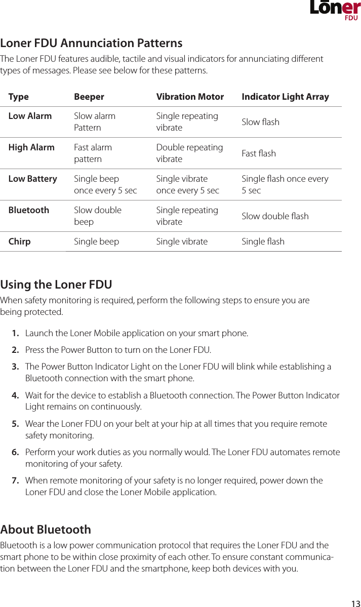 13Loner FDU Annunciation PatternsThe Loner FDU features audible, tactile and visual indicators for annunciating dierent types of messages. Please see below for these patterns.Type Beeper Vibration Motor Indicator Light ArrayLow Alarm Slow alarm PatternSingle repeating vibrate Slow ashHigh Alarm Fast alarm patternDouble repeating vibrate Fast ashLow Battery Single beep once every 5 secSingle vibrate once every 5 secSingle ash once every 5 secBluetooth Slow double beepSingle repeating vibrate Slow double ashChirp Single beep Single vibrate Single ash Using the Loner FDUWhen safety monitoring is required, perform the following steps to ensure you are being protected.1.  Launch the Loner Mobile application on your smart phone.2.  Press the Power Button to turn on the Loner FDU.3.  The Power Button Indicator Light on the Loner FDU will blink while establishing a Bluetooth connection with the smart phone.4.  Wait for the device to establish a Bluetooth connection. The Power Button Indicator Light remains on continuously.5.  Wear the Loner FDU on your belt at your hip at all times that you require remote safety monitoring.6.  Perform your work duties as you normally would. The Loner FDU automates remote monitoring of your safety.7.  When remote monitoring of your safety is no longer required, power down the Loner FDU and close the Loner Mobile application.About BluetoothBluetooth is a low power communication protocol that requires the Loner FDU and the smart phone to be within close proximity of each other. To ensure constant communica-tion between the Loner FDU and the smartphone, keep both devices with you.