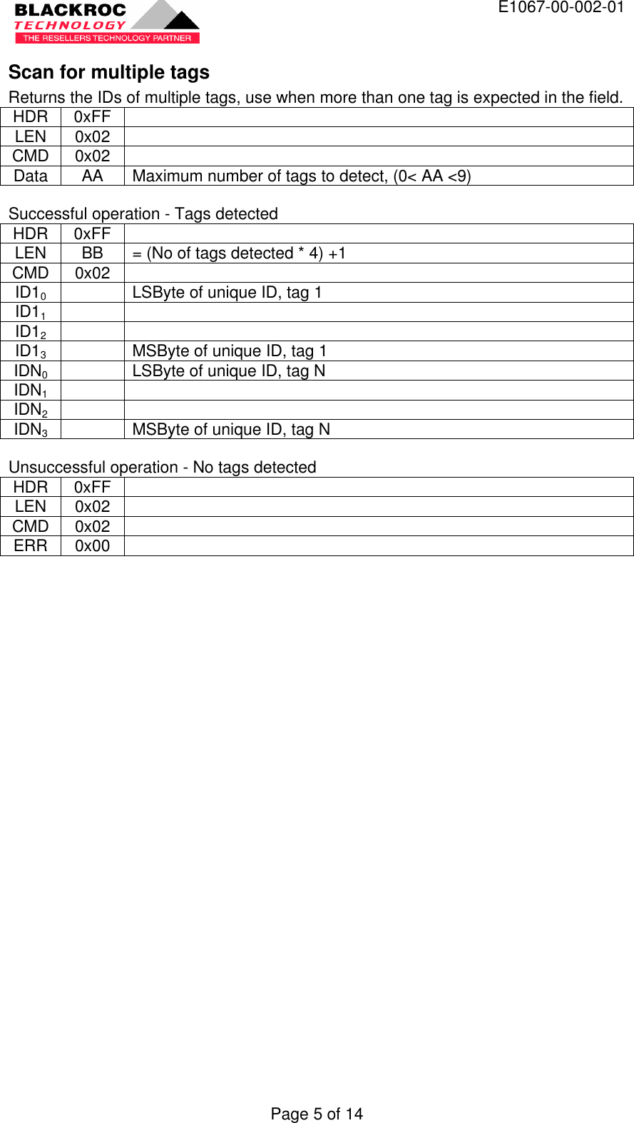  E1067-00-002-01 Page 5 of 14 Scan for multiple tags Returns the IDs of multiple tags, use when more than one tag is expected in the field. HDR 0xFF   LEN 0x02   CMD 0x02   Data AA Maximum number of tags to detect, (0&lt; AA &lt;9)  Successful operation - Tags detected HDR 0xFF   LEN BB = (No of tags detected * 4) +1 CMD 0x02   ID10    LSByte of unique ID, tag 1 ID11     ID12     ID13    MSByte of unique ID, tag 1 IDN0    LSByte of unique ID, tag N IDN1     IDN2     IDN3    MSByte of unique ID, tag N  Unsuccessful operation - No tags detected HDR 0xFF   LEN 0x02   CMD 0x02   ERR 0x00    