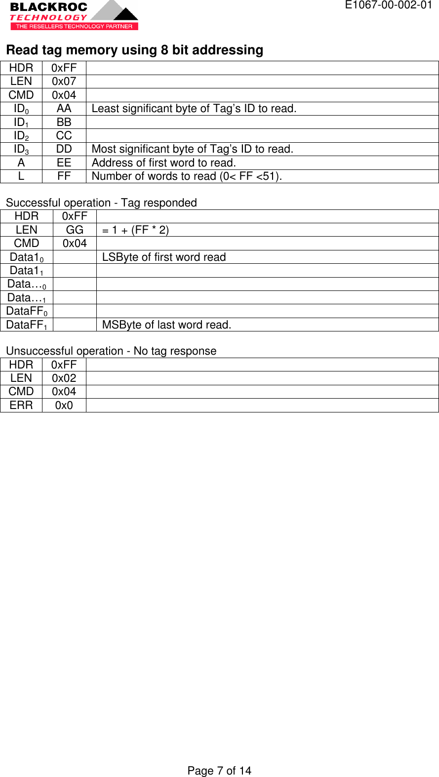  E1067-00-002-01 Page 7 of 14 Read tag memory using 8 bit addressing HDR 0xFF   LEN 0x07   CMD 0x04   ID0 AA Least significant byte of Tag’s ID to read. ID1 BB   ID2 CC   ID3 DD Most significant byte of Tag’s ID to read. A EE Address of first word to read. L FF Number of words to read (0&lt; FF &lt;51).  Successful operation - Tag responded HDR 0xFF   LEN GG = 1 + (FF * 2) CMD 0x04   Data10    LSByte of first word read Data11     Data…0     Data…1     DataFF0    DataFF1  MSByte of last word read.  Unsuccessful operation - No tag response HDR 0xFF   LEN 0x02   CMD 0x04   ERR 0x0    