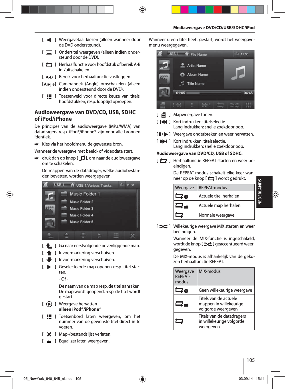 105NEDERLANDS[    ]  Weergavetaal kiezen (alleen wanneer door de DVD ondersteund).[  ]  Ondertitel weergeven (alleen indien onder-steund door de DVD).[  ]  Herhaalfunctie voor hoofdstuk of bereik A-B in-/uitschakelen.[  ]  Bereik voor herhaalfunctie vastleggen.[  ]  Camerahoek (Angle) omschakelen (alleen indien ondersteund door de DVD).[  ]  Toetsenveld voor directe keuze van titels, hoofdstukken, resp. looptijd oproepen.Audioweergave van DVD/CD, USB, SDHC of iPod/iPhoneDe principes van de audioweergave (MP3/WMA) van datadragers resp. iPod®/iPhone® zijn voor alle bronnen identiek. 쏅Kies via het hoofdmenu de gewenste bron.Wanneer de weergave met beeld- of videodata start,  쏅druk dan op knop    , om naar de audioweergave om te schakelen.De mappen van de datadrager, welke audiobestan-den bevatten, worden weergegeven. [    ]  Ga naar eerstvolgende bovenliggende map.[  ]  Invoermarkering verschuiven. [  ]  Invoermarkering verschuiven. [  ]  Geselecteerde map openen resp. titel star-ten. - Of -De naam van de map resp. de titel aanraken. De map wordt geopend, resp. de titel wordt gestart.[    ]  Weergave hervatten alleen iPod®/iPhone®[  ]  Toetsenbord laten weergeven, om het nummer van de gewenste titel direct in te voeren.[  ]  Map-/bestandslijst verlaten. [  ]  Equalizer laten weergeven.Wanneer u een titel heeft gestart, wordt het weergave-menu weergegeven.[    ]  Mapweergave tonen.[  ]  Kort indrukken: titelselectie. Lang indrukken: snelle zoekdoorloop.[  /   ]  Weergave onderbreken en weer hervatten.[  ]  Kort indrukken: titelselectie. Lang indrukken: snelle zoekdoorloop.Audioweergave van DVD/CD, USB of SDHC:[  ]  Herhaalfunctie REPEAT starten en weer be-eindigen.De REPEAT-modus schakelt elke keer wan-neer op de knop    wordt gedrukt.Weergave REPEAT-modusActuele titel herhalenActuele map herhalenNormale weergave[  ]  Willekeurige weergave MIX starten en weer beëindigen.Wanneer de MIX-functie is ingeschakeld, wordt de knop    geaccentueerd weer-gegeven.De MIX-modus is afhankelijk van de geko-zen herhaalfunctie REPEAT.Weergave REPEAT-modusMIX-modusGeen willekeurige weergave Titels van de actuele mappen in willekeurige volgorde weergevenTitels van de datadragers in willekeurige volgorde weergevenMediaweergave DVD/CD/USB/SDHC/iPod05_NewYork_840_845_nl.indd 10505_NewYork_840_845_nl.indd   10503.09.14 15:1103.09.14   15:11