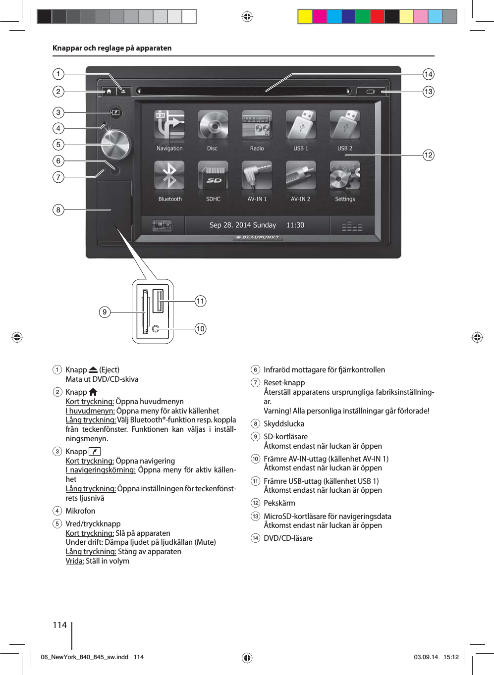 114Knappar och reglage på apparaten1 Knapp   (Eject) Mata ut DVD/CD-skiva2 Knapp  Kort tryckning: Öppna huvudmenynI huvudmenyn: Öppna meny för aktiv källenhetLång tryckning: Välj Bluetooth®-funktion resp. koppla från teckenfönster. Funktionen kan väljas i inställ-ningsmenyn.3 Knapp  Kort tryckning: Öppna navigeringI navigeringskörning: Öppna meny för aktiv källen-hetLång tryckning: Öppna inställningen för teckenfönst-rets ljusnivå4 Mikrofon5 Vred/tryckknappKort tryckning: Slå på apparatenUnder drift: Dämpa ljudet på ljudkällan (Mute)Lång tryckning: Stäng av apparatenVrida: Ställ in volym6  Infraröd mottagare för  ärrkontrollen7 Reset-knappÅterställ apparatens ursprungliga fabriksinställning-ar. Varning! Alla personliga inställningar går förlorade!8 Skyddslucka9 SD-kortläsareÅtkomst endast när luckan är öppen:  Främre AV-IN-uttag (källenhet AV-IN 1) Åtkomst endast när luckan är öppen;  Främre USB-uttag (källenhet USB 1) Åtkomst endast när luckan är öppen &lt; Pekskärm=  MicroSD-kortläsare för navigeringsdata Åtkomst endast när luckan är öppen&gt; DVD/CD-läsare235864711312149101106_NewYork_840_845_sw.indd 11406_NewYork_840_845_sw.indd   11403.09.14 15:1203.09.14   15:12