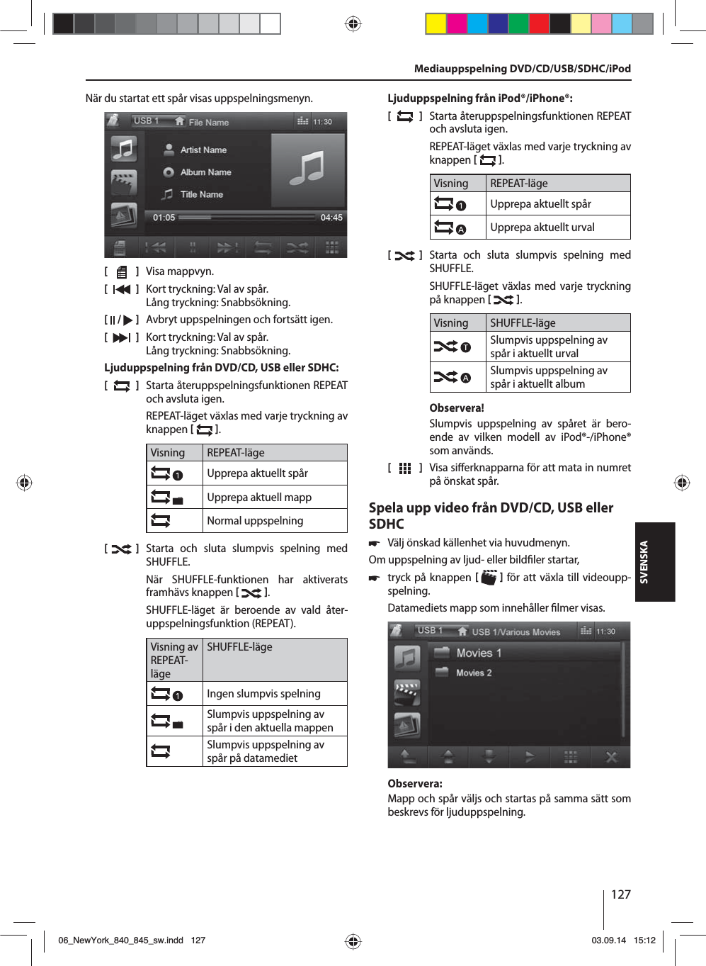 127SVENSKANär du startat ett spår visas uppspelningsmenyn.[    ]  Visa mappvyn.[  ]  Kort tryckning: Val av spår. Lång tryckning: Snabbsökning.[  /   ]  Avbryt uppspelningen och fortsätt igen.[  ]  Kort tryckning: Val av spår. Lång tryckning: Snabbsökning.Ljuduppspelning från DVD/CD, USB eller SDHC:[  ]  Starta återuppspelningsfunktionen REPEAT och avsluta igen.REPEAT-läget växlas med varje tryckning av knappen   .Visning REPEAT-lägeUpprepa aktuellt spårUpprepa aktuell mappNormal uppspelning[  ]  Starta och sluta slumpvis spelning med SHUFFLE.När SHUFFLE-funktionen har aktiverats framhävs knappen   .SHUFFLE-läget är beroende av vald åter-uppspelningsfunktion (REPEAT).Visning av REPEAT-lägeSHUFFLE-lägeIngen slumpvis spelning Slumpvis uppspelning av spår i den aktuella mappenSlumpvis uppspelning av spår på datamedietLjuduppspelning från iPod®/iPhone®:[  ]  Starta återuppspelningsfunktionen REPEAT och avsluta igen.REPEAT-läget växlas med varje tryckning av knappen   .Visning REPEAT-lägeUpprepa aktuellt spårUpprepa aktuellt urval[  ]  Starta och sluta slumpvis spelning med SHUFFLE.SHUFFLE-läget växlas med varje tryckning på knappen   .Visning SHUFFLE-lägeSlumpvis uppspelning av spår i aktuellt urvalSlumpvis uppspelning av spår i aktuellt albumObservera!Slumpvis uppspelning av spåret är bero-ende av vilken modell av iPod®-/iPhone® som används. [  ]  Visa si erknapparna för att mata in numret på önskat spår.Spela upp video från DVD/CD, USB eller SDHC 쏅Välj önskad källenhet via huvudmenyn.Om uppspelning av ljud- eller bild ler startar,  쏅tryck på knappen    för att växla till videoupp-spelning.Datamediets mapp som innehåller  lmer visas. Observera:Mapp och spår väljs och startas på samma sätt som beskrevs för ljuduppspelning.Mediauppspelning DVD/CD/USB/SDHC/iPod06_NewYork_840_845_sw.indd 12706_NewYork_840_845_sw.indd   12703.09.14 15:1203.09.14   15:12