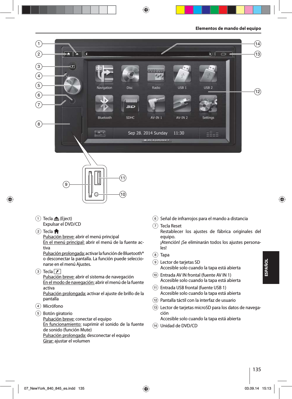 135ESPAÑOLElementos de mando del equipo1 Tecla   (Eject) Expulsar el DVD/CD2 Tecla  Pulsación breve: abrir el menú principalEn el menú principal: abrir el menú de la fuente ac-tivaPulsación prolongada: activar la función de  Bluetooth® o desconectar la pantalla. La función puede seleccio-narse en el menú Ajustes.3 Tecla  Pulsación breve: abrir el sistema de navegaciónEn el modo de navegación: abrir el menú de la fuente activaPulsación prolongada: activar el ajuste de brillo de la pantalla4 Micrófono5 Botón giratorioPulsación breve: conectar el equipoEn funcionamiento: suprimir el sonido de la fuente de sonido (función Mute)Pulsación prolongada: desconectar el equipoGirar: ajustar el volumen6  Señal de infrarrojos para el mando a distancia7 Tecla ResetRestablecer los ajustes de fábrica originales del equipo. ¡Atención! ¡Se eliminarán todos los ajustes persona-les!8 Tapa9  Lector de tarjetas SDAccesible solo cuando la tapa está abierta:  Entrada AV IN frontal (fuente AV IN 1) Accesible solo cuando la tapa está abierta;  Entrada USB frontal (fuente USB 1) Accesible solo cuando la tapa está abierta &lt;  Pantalla táctil con la interfaz de usuario=  Lector de tarjetas microSD para los datos de navega-ción Accesible solo cuando la tapa está abierta&gt;  Unidad de DVD/CD235864711312149101107_NewYork_840_845_es.indd 13507_NewYork_840_845_es.indd   13503.09.14 15:1303.09.14   15:13