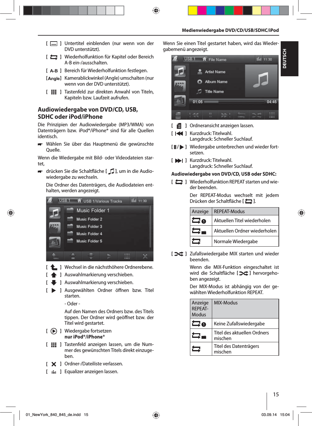 15DEUTSCH[    ]  Untertitel einblenden (nur wenn von der DVD unterstützt).[  ]  Wiederholfunktion für Kapitel oder Bereich A-B ein-/ausschalten.[  ]  Bereich für Wiederholfunktion festlegen.[  ]  Kamerablickwinkel (Angle) umschalten (nur wenn von der DVD unterstützt).[  ]  Tastenfeld zur direkten Anwahl von Titeln,  Kapiteln bzw. Laufzeit aufrufen.Audiowiedergabe von DVD/CD, USB, SDHC oder iPod/iPhoneDie Prinzipien der Audiowiedergabe (MP3/WMA) von Datenträgern bzw. iPod®/iPhone® sind für alle Quellen identisch. 쏅Wählen Sie über das Hauptmenü die gewünschte Quelle.Wenn die Wiedergabe mit Bild- oder Videodateien star-tet,  쏅drücken Sie die Schalt äche   , um in die Audio-wiedergabe zu wechseln.Die Ordner des Datenträgers, die Audiodateien ent-halten, werden angezeigt. [    ]  Wechsel in die nächsthöhere Ordnerebene.[  ]  Auswahlmarkierung verschieben. [  ]  Auswahlmarkierung verschieben. [  ]  Ausgewählten Ordner ö nen  bzw.  Titel starten. - Oder -Auf den Namen des Ordners bzw. des Titels tippen. Der Ordner wird geö net bzw. der Titel wird gestartet.[    ]  Wiedergabe fortsetzen nur iPod®/iPhone®[  ]  Tastenfeld anzeigen lassen, um die Num-mer des gewünschten Titels direkt einzuge-ben.[  ]  Ordner-/Dateiliste verlassen. [  ]  Equalizer anzeigen lassen.Wenn Sie einen Titel gestartet haben, wird das Wieder-gabemenü angezeigt.[    ]  Ordneransicht anzeigen lassen.[  ]  Kurzdruck: Titelwahl. Langdruck: Schneller Suchlauf.[  /   ]  Wiedergabe unterbrechen und wieder fort-setzen.[  ]  Kurzdruck: Titelwahl. Langdruck: Schneller Suchlauf.Audiowiedergabe von DVD/CD, USB oder SDHC:[  ]  Wiederholfunktion REPEAT starten und wie-der beenden.Der REPEAT-Modus wechselt mit jedem Drücken der Schalt äche   .Anzeige REPEAT-ModusAktuellen Titel wiederholenAktuellen Ordner wiederholenNormale Wiedergabe[  ]  Zufallswiedergabe MIX starten und wieder beenden.Wenn die MIX-Funktion eingeschaltet ist wird die Schalt äche     hervorgeho-ben angezeigt.Der MIX-Modus ist abhängig von der ge-wählten Wiederholfunktion REPEAT.Anzeige REPEAT-ModusMIX-ModusKeine Zufallswiedergabe Titel des aktuellen Ordners mischenTitel des Datenträgers mischenMedienwiedergabe DVD/CD/USB/SDHC/iPod01_NewYork_840_845_de.indd 1501_NewYork_840_845_de.indd   1503.09.14 15:0403.09.14   15:04