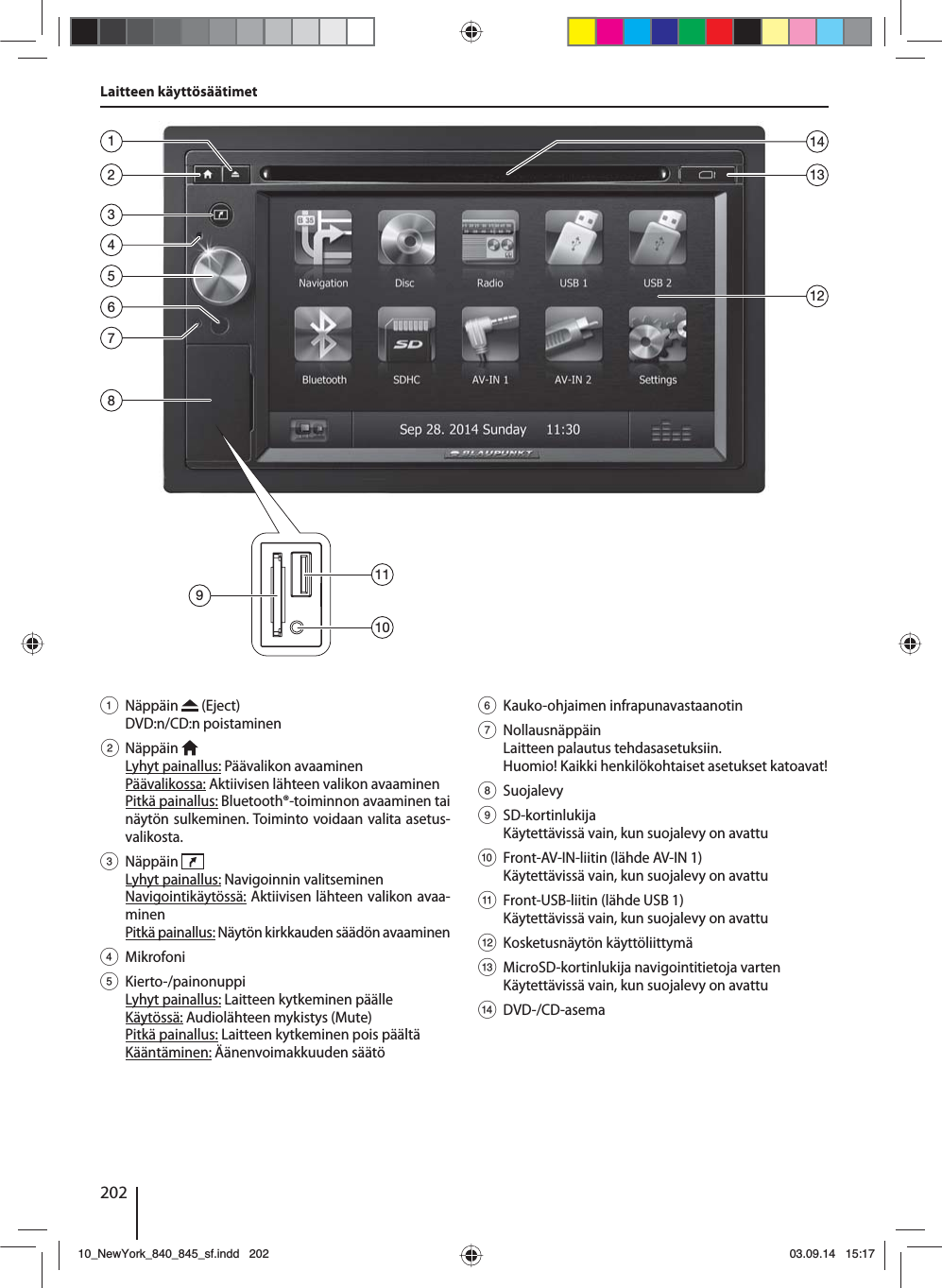 202Laitteen käyttösäätimet1 Näppäin   (Eject) DVD:n/CD:n poistaminen2 Näppäin  Lyhyt painallus: Päävalikon avaaminenPäävalikossa: Aktiivisen lähteen valikon avaaminenPitkä painallus: Bluetooth®-toiminnon avaaminen tai näytön sulkeminen. Toiminto voidaan valita asetus-valikosta.3 Näppäin  Lyhyt painallus: Navigoinnin valitseminenNavigointikäytössä: Aktiivisen lähteen valikon avaa-minenPitkä painallus: Näytön kirkkauden säädön avaaminen4 Mikrofoni5 Kierto-/painonuppiLyhyt painallus: Laitteen kytkeminen päälleKäytössä: Audiolähteen mykistys (Mute)Pitkä painallus: Laitteen kytkeminen pois päältäKääntäminen: Äänenvoimakkuuden säätö6 Kauko-ohjaimen infrapunavastaanotin7 NollausnäppäinLaitteen palautus tehdasasetuksiin. Huomio! Kaikki henkilökohtaiset asetukset katoavat!8 Suojalevy9 SD-kortinlukijaKäytettävissä vain, kun suojalevy on avattu:  Front-AV-IN-liitin (lähde AV-IN 1) Käytettävissä vain, kun suojalevy on avattu;  Front-USB-liitin (lähde USB 1) Käytettävissä vain, kun suojalevy on avattu &lt; Kosketusnäytön käyttöliittymä=  MicroSD-kortinlukija navigointitietoja varten Käytettävissä vain, kun suojalevy on avattu&gt; DVD-/CD-asema235864711312149101110_NewYork_840_845_sf.indd 20210_NewYork_840_845_sf.indd   20203.09.14 15:1703.09.14   15:17