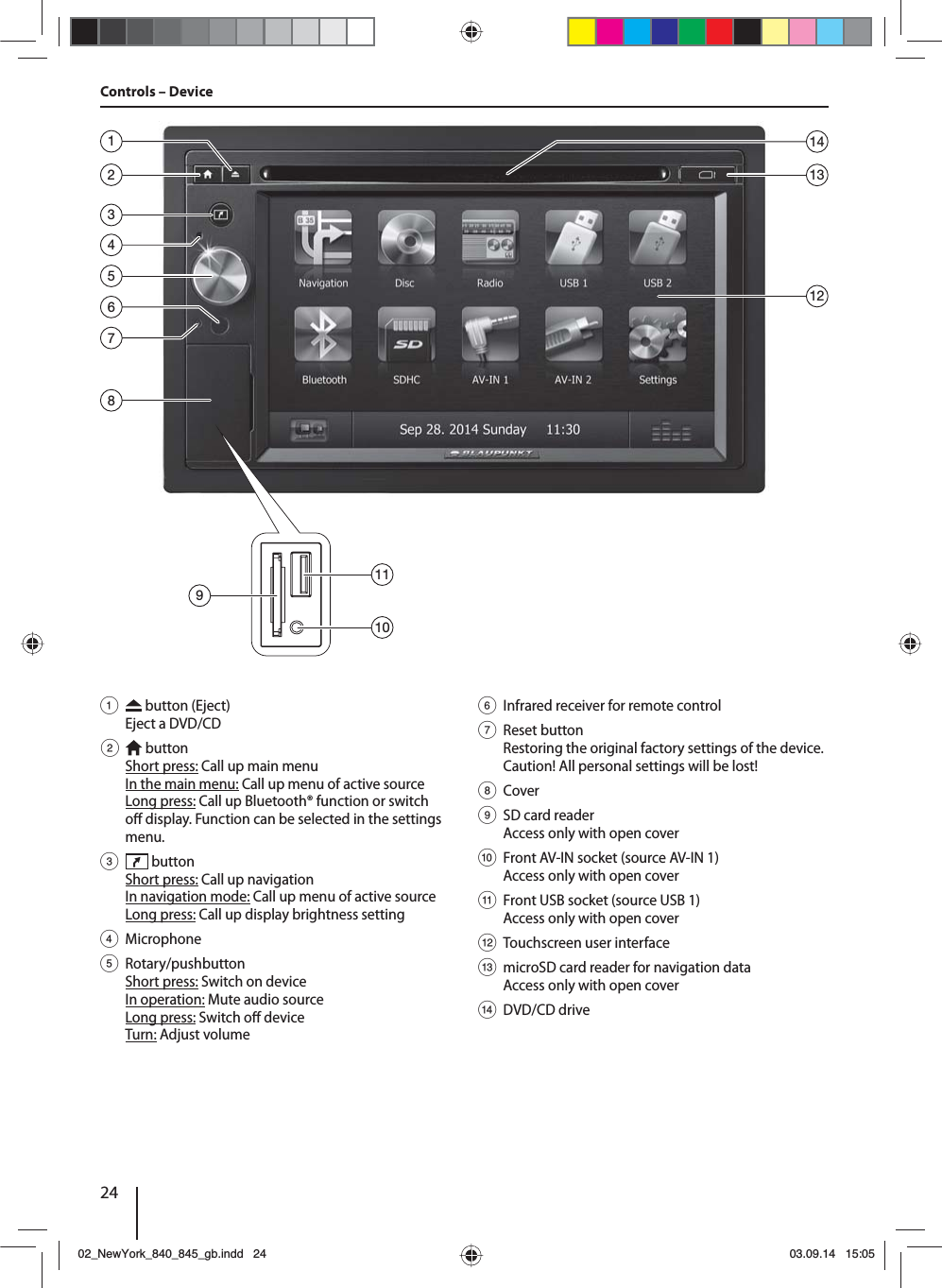 24Controls – Device1   button (Eject) Eject a DVD/CD2   button Short press: Call up main menuIn the main menu: Call up menu of active sourceLong press: Call up Bluetooth® function or switch o  display. Function can be selected in the settings menu.3   button Short press: Call up navigationIn navigation mode: Call up menu of active sourceLong press: Call up display brightness setting4 Microphone5 Rotary/pushbuttonShort press: Switch on deviceIn operation: Mute audio sourceLong press: Switch o  deviceTurn: Adjust volume6  Infrared receiver for remote control7 Reset buttonRestoring the original factory settings of the device. Caution! All personal settings will be lost!8 Cover9  SD card readerAccess only with open cover:  Front AV-IN socket (source AV-IN 1) Access only with open cover;  Front USB socket (source USB 1) Access only with open cover &lt;  Touchscreen user interface=  microSD card reader for navigation data Access only with open cover&gt; DVD/CD drive235864711312149101102_NewYork_840_845_gb.indd 2402_NewYork_840_845_gb.indd   2403.09.14 15:0503.09.14   15:05