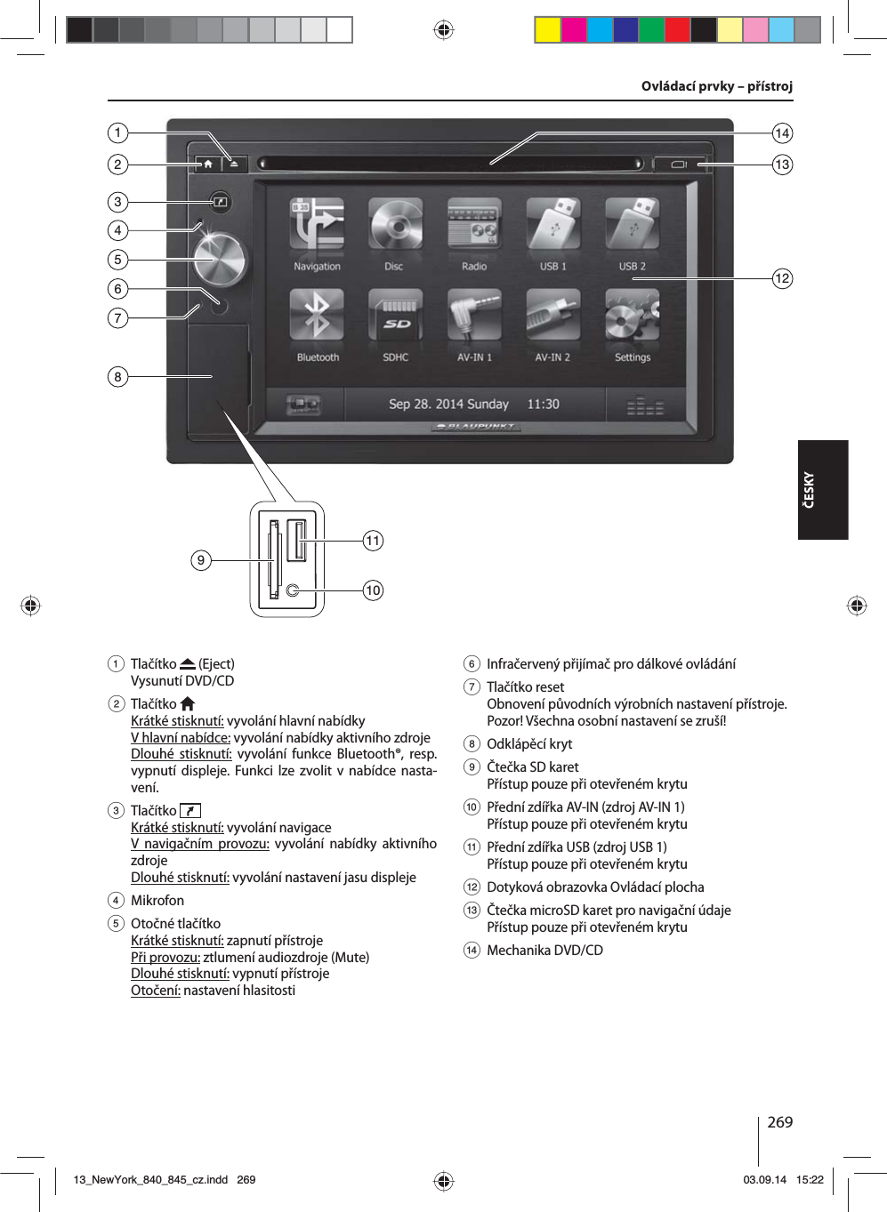 269ČESKYOvládací prvky – přístroj1 Tlačítko   (Eject) Vysunutí DVD/CD2 Tlačítko  Krátké stisknutí: vyvolání hlavní nabídkyVhlavní nabídce: vyvolání nabídky aktivního zdrojeDlouhé stisknutí: vyvolání funkce Bluetooth®, resp. vypnutí displeje. Funkci lze zvolit v nabídce nasta-vení.3 Tlačítko  Krátké stisknutí: vyvolání navigaceV navigačním provozu: vyvolání nabídky aktivního zdrojeDlouhé stisknutí: vyvolání nastavení jasu displeje4 Mikrofon5 Otočné tlačítkoKrátké stisknutí: zapnutí přístrojePři provozu: ztlumení audiozdroje (Mute)Dlouhé stisknutí: vypnutí přístrojeOtočení: nastavení hlasitosti6  Infračervený přijímač pro dálkové ovládání7 Tlačítko resetObnovení původních výrobních nastavení přístroje. Pozor! Všechna osobní nastavení se zruší!8 Odklápěcí kryt9  Čtečka SD karetPřístup pouze při otevřeném krytu:  Přední zdířka AV-IN (zdroj AV-IN 1) Přístup pouze při otevřeném krytu;  Přední zdířka USB (zdroj USB 1) Přístup pouze při otevřeném krytu &lt;  Dotyková obrazovka Ovládací plocha=  Čtečka microSD karet pro navigační údaje Přístup pouze při otevřeném krytu&gt; Mechanika DVD/CD235864711312149101113_NewYork_840_845_cz.indd 26913_NewYork_840_845_cz.indd   26903.09.14 15:2203.09.14   15:22