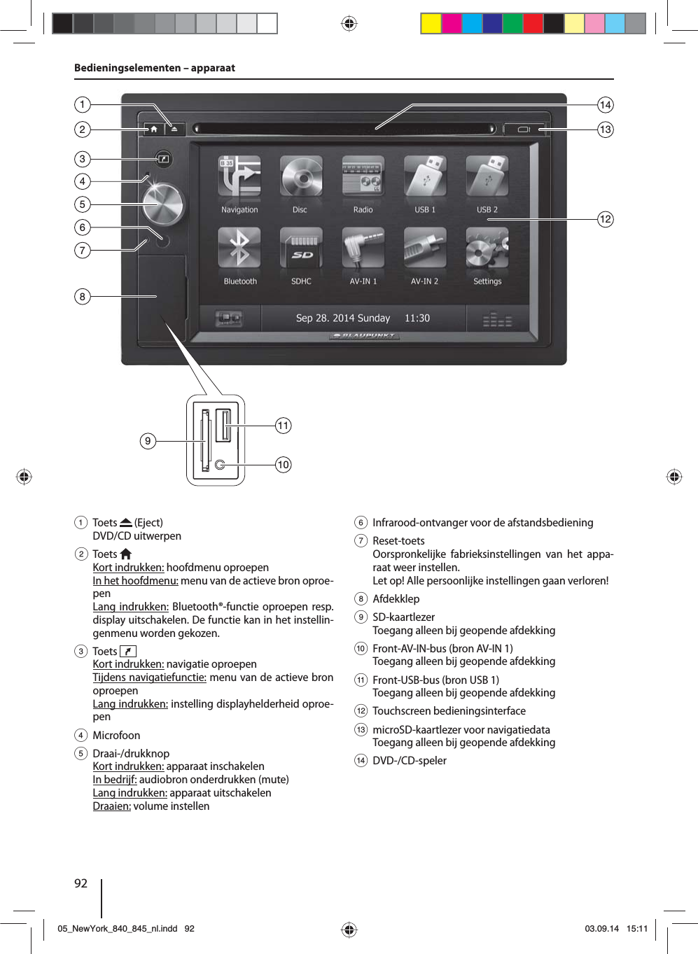 92Bedieningselementen – apparaat1 Toets   (Eject) DVD/CD uitwerpen2 Toets  Kort indrukken: hoofdmenu oproepenIn het hoofdmenu: menu van de actieve bron oproe-penLang indrukken: Bluetooth®-functie oproepen resp. display uitschakelen. De functie kan in het instellin-genmenu worden gekozen.3 Toets   Kort indrukken: navigatie oproepenTijdens navigatiefunctie: menu van de actieve bron oproepenLang indrukken: instelling displayhelderheid oproe-pen4 Microfoon5 Draai-/drukknopKort indrukken: apparaat inschakelenIn bedrijf: audiobron onderdrukken (mute)Lang indrukken: apparaat uitschakelenDraaien: volume instellen6  Infrarood-ontvanger voor de afstandsbediening7 Reset-toetsOorspronkelijke fabrieksinstellingen van het appa-raat weer instellen. Let op! Alle persoonlijke instellingen gaan verloren!8 Afdekklep9 SD-kaartlezerToegang alleen bij geopende afdekking:  Front-AV-IN-bus (bron AV-IN 1) Toegang alleen bij geopende afdekking;  Front-USB-bus (bron USB 1) Toegang alleen bij geopende afdekking &lt; Touchscreen bedieningsinterface=  microSD-kaartlezer voor navigatiedata Toegang alleen bij geopende afdekking&gt; DVD-/CD-speler235864711312149101105_NewYork_840_845_nl.indd 9205_NewYork_840_845_nl.indd   9203.09.14 15:1103.09.14   15:11