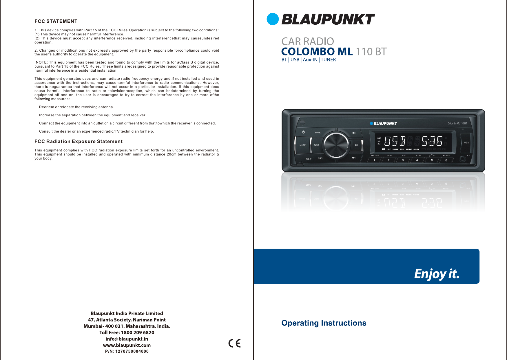 P/N: 1270750004000FCC STATEMENT1. This device complies with Part 15 of the FCC Rules.Operation is subject to the following two conditions:(1) This device may not cause harmful interference.(2)  This  device  must  accept  any  interference  received,  including  interferencethat  may  causeundesired operation.2.  Changes  or  modifications not  expressly  approved  by  the  party  responsible  forcompliance  could  void the user&apos;s authority to operate the equipment. NOTE: This equipment  has been tested and found  to comply with the limits for  aClass  B  digital device, pursuant to Part 15 of the FCC Rules. These limits aredesigned to provide reasonable protection against harmful interference in aresidential installation.This  equipment  generates uses  and can  radiate  radio  frequency  energy  and,if  not installed and  used  in accordance  with  the  instructions,  may  causeharmful  interference  to  radio  communications.  However, there  is  noguarantee  that  interference  will  not  occur  in  a  particular  installation.  If  this  equipment  does cause  harmful  interference  to  radio  or  televisionreception,  which  can  bedetermined  by  turning  the equipment  off  and  on,  the  user  is  encouraged  to  try  to  correct  the  interference  by  one  or  more  ofthe following measures: Reorient or relocate the receiving antenna. Increase the separation between the equipment and receiver. Connect the equipment into an outlet on a circuit different from that towhich the receiver is connected. Consult the dealer or an experienced radio/TV technician for help.FCC Radiation Exposure StatementThis  equipment  complies  with  FCC  radiation  exposure  limits  set  forth  for  an  uncontrolled  environment. This  equipment  should  be  installed  and  operated  with  minimum  distance  20cm  between  the  radiator  &amp; your body.