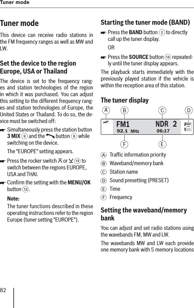 82Tuner modeTuner mode This device can receive radio stations in the FM frequency ranges as well as MW and LW.Set the device to the region Europe, USA or Thailand  The device is set to the frequency rang-es and station technologies of the region in which it was purchased. You can adjust this setting to the different frequency rang-es and station technologies of Europe, the United States or Thailand. To do so, the de-vice must be switched off :Simultaneously press the station button 3 MIX 9 and the   button 8 while switching on the device.The &quot;EUROPE&quot; setting appears.Press the rocker switch   or   = to switch between the regions EUROPE, USA and THAI.Conﬁ rm the setting with the MENU/OK button &lt;.Note:The tuner functions described in these operating instructions refer to the region Europe (tuner setting &quot;EUROPE&quot;).쏅쏅쏅Starting the tuner mode (BAND)Press the BAND button 2 to directly call up the tuner display.ORPress the SOURCE button &gt; repeated-ly until the tuner display appears.The playback starts immediately with the previously played station if the vehicle is within the reception area of this station.The tuner displayROCKPOPCLASFM1NDR92.106:172MHzABDFCEA  Trafﬁ c information priorityB Waveband/memory bankC Station nameD  Sound presetting (PRESET)E TimeF FrequencySetting the waveband/memory bank You can adjust and set radio stations using the wavebands FM, MW and LW. The wavebands MW and LW each provide one memory bank  with 5 memory locations 쏅쏅