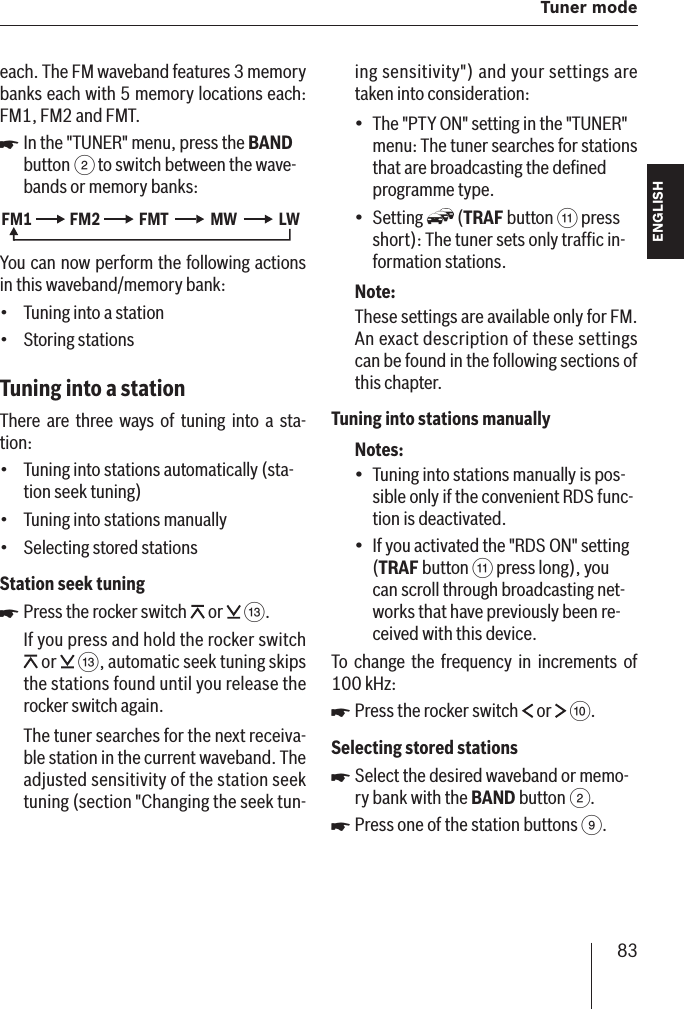   Tuner mode83ENGLISH DEUTSCHFRANÇAISITALIANONEDERLANDSSVENSKAeach. The FM waveband features 3 memory banks each with 5 memory locations each: FM1, FM2 and FMT .In the &quot;TUNER&quot; menu, press the BAND button 2 to switch between the wave-bands or memory banks:FM1 LWMWFMTFM2You can now perform the following actions in this waveband/memory bank :Tuning into a stationStoring stationsTuning into a station There are three ways of tuning into a sta-tion:Tuning into stations automatically (sta-tion seek tuning)Tuning into stations manuallySelecting stored stationsStation seek tuningPress the rocker switch   or   =.If you press and hold the rocker switch  or   =, automatic seek tuning skips the stations found until you release the rocker switch again.The tuner searches for the next receiva-ble station in the current waveband. The adjusted sensitivity of the station seek tuning (section &quot;Changing the seek tun-쏅•••••쏅ing sensitivity&quot;) and your settings are taken into consideration:The &quot;PTY ON&quot; setting in the &quot;TUNER&quot; menu: The tuner searches for stations that are broadcasting the deﬁ ned programme type.Setting   (TRAF button ; press short): The tuner sets only trafﬁ c in-formation stations.Note:These settings are available only for FM. An exact description of these settings can be found in the following sections of this chapter.Tuning into stations manuallyNotes:Tuning into stations manually is pos-sible only if the convenient RDS func-tion is deactivated.If you activated the &quot;RDS ON&quot; setting (TRAF button ; press long), you can scroll through broadcasting net-works  that have previously been re-ceived with this device.To change the frequency in increments of 100 kHz:Press the rocker switch   or   :.Selecting stored stationsSelect the desired waveband or memo-ry bank with the BAND button 2.Press one of the station buttons 9.••••쏅쏅쏅