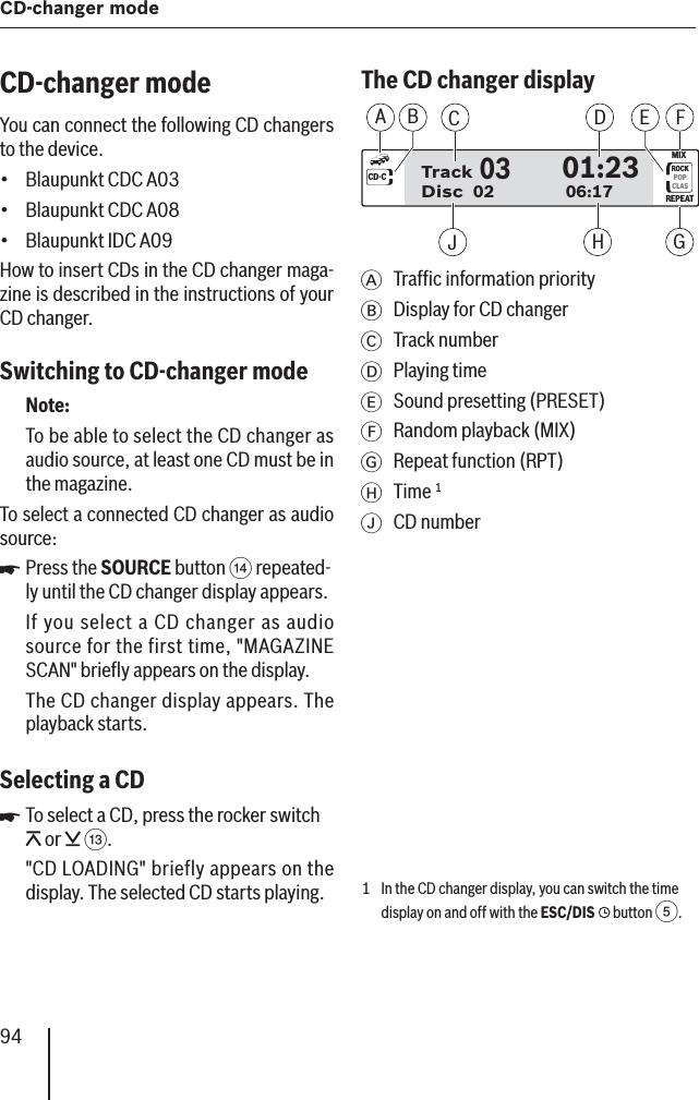 94CD-changer modeCD-changer modeYou can connect the following CD changers to the device.Blaupunkt CDC A03Blaupunkt CDC A08Blaupunkt IDC A09How to insert CDs in the CD changer maga-zine is described in the instructions of your CD changer.Switching to CD-changer mode Note:To be able to select the CD changer as audio source, at least one CD must be in the magazine.To select a connected CD changer as audio source:Press the SOURCE button &gt; repeated-ly until the CD changer display appears.If you select a CD changer as audio source for the first time, &quot;MAGAZINE SCAN&quot; brieﬂ y appears on the display.The CD changer display appears. The playback starts.Selecting a CDTo select a CD, press the rocker switch  or   =.&quot;CD LOADING&quot; briefly appears on the display. The selected CD starts playing.•••쏅쏅 The CD changer displayCD·CROCKPOPCLASMIXREPEAT0301:23TrackDisc0206:17GHJABDCEFA  Trafﬁ c information priorityB  Display for CD changerC Track numberD Playing timeE  Sound presetting (PRESET)F  Random playback (MIX)G  Repeat function (RPT)H Time 1I CD number1  In the CD changer display, you can switch the time display on and off with the ESC/DIS  button 5.