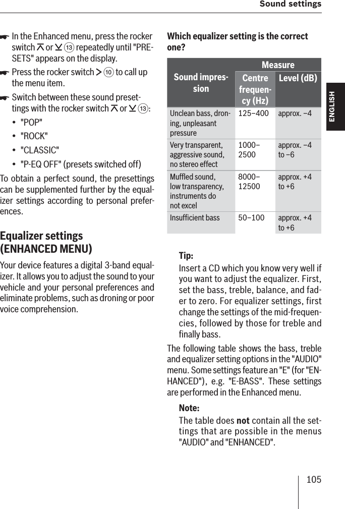 105 Sound settingsENGLISH DEUTSCHFRANÇAISITALIANONEDERLANDSSVENSKAIn the Enhanced menu, press the rocker switch   or   = repeatedly until &quot;PRE-SETS&quot; appears on the display. Press the rocker switch   : to call up the menu item.Switch between these sound preset-tings with the rocker switch   or   =:&quot;POP&quot;&quot;ROCK&quot;&quot;CLASSIC&quot;&quot;P-EQ OFF &quot; (presets switched off)To obtain a perfect sound, the presettings can be supplemented further by the equal-izer settings according to personal prefer-ences.Equalizer settings (ENHANCED   MENU)Your device features a digital 3-band equal-izer. It allows you to adjust the sound to your vehicle and your personal preferences and eliminate problems, such as droning or poor voice comprehension.쏅쏅쏅••••Which equalizer setting is the correct one?Sound impres-sionMeasureCentre frequen-cy (Hz)Level (dB)Unclean bass, dron-ing, unpleasant pressure125–400 approx. –4Very transparent, aggressive sound, no stereo effect1000–2500 approx. –4 to –6 Mufﬂ ed sound, low transparency, instruments do not excel8000–12500 approx. +4 to +6 Insufﬁ cient bass 50–100  approx. +4 to +6 Tip:Insert a CD which you know very well if you want to adjust the equalizer. First, set the bass, treble, balance, and fad-er to zero. For equalizer settings, first change the settings of the mid-frequen-cies, followed by those for treble and ﬁ nally bass.The following table shows the bass, treble and equalizer setting options in the &quot;AUDIO&quot; menu. Some settings feature an &quot;E&quot; (for &quot;EN-HANCED&quot;), e.g. &quot;E-BASS&quot;. These settings are performed in the Enhanced menu.Note:The table does not contain all the set-tings that are possible in the menus &quot;AUDIO&quot; and &quot;ENHANCED&quot;.
