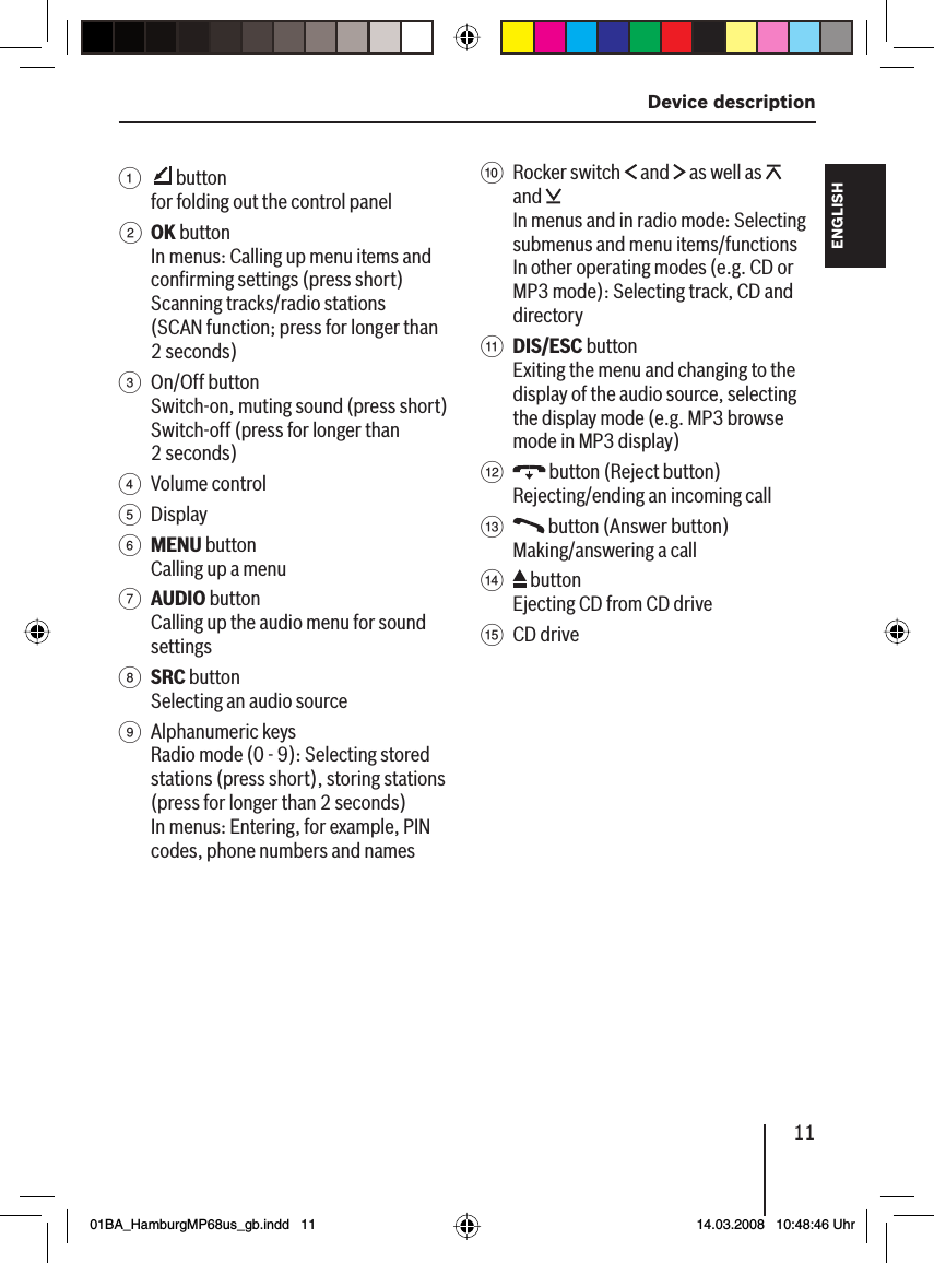 11 Device description FRANÇAIS ENGLISHESPAÑOLPORTUGUÊS中文한국어한국어1   buttonfor folding out the control panel2 OK buttonIn menus: Calling up menu items and conﬁ rming settings (press short)Scanning tracks/radio stations (SCAN function; press for longer than 2 seconds)3 On/Off buttonSwitch-on, muting sound (press short)Switch-off (press for longer than 2 seconds)4  Volume control5 Display6  MENU buttonCalling up a menu7 AUDIO buttonCalling up the audio menu for sound settings8 SRC buttonSelecting an audio source9 Alphanumeric keysRadio mode (0 - 9): Selecting stored stations (press short), storing stations (press for longer than 2 seconds)In menus: Entering, for example, PIN codes, phone numbers and names: Rocker switch   and   as well as   and In menus and in radio mode: Selecting submenus and menu items/functionsIn other operating modes (e.g. CD or MP3 mode): Selecting track, CD and directory; DIS/ESC buttonExiting the menu and changing to the display of the audio source, selecting the display mode (e.g. MP3 browse mode in MP3 display)&lt;  button (Reject button) Rejecting/ending an incoming call=   button (Answer button)Making/answering a call&gt;   buttonEjecting CD from CD drive? CD drive01BA_HamburgMP68us_gb.indd   1101BA_HamburgMP68us_gb.indd   11 14.03.2008   10:48:46 Uhr14.03.2008   10:48:46 Uhr