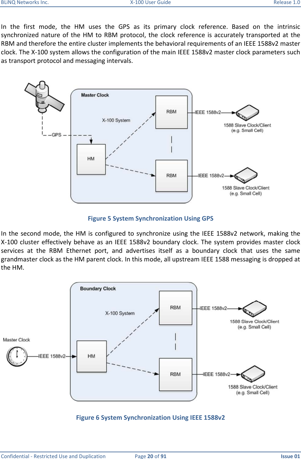 BLiNQ Networks Inc.  X-100 User Guide  Release 1.0  Confidential - Restricted Use and Duplication  Page 20 of 91  Issue 01    In  the  first  mode,  the  HM  uses  the  GPS  as  its  primary  clock  reference.  Based  on  the  intrinsic synchronized  nature  of  the HM  to  RBM  protocol, the clock  reference  is  accurately transported at  the RBM and therefore the entire cluster implements the behavioral requirements of an IEEE 1588v2 master clock. The X-100 system allows the configuration of the main IEEE 1588v2 master clock parameters such as transport protocol and messaging intervals. Figure 5 System Synchronization Using GPS In the  second mode, the HM is configured to  synchronize using the IEEE 1588v2 network, making the  X-100 cluster  effectively  behave  as  an IEEE  1588v2 boundary  clock. The  system provides master  clock services  at  the  RBM  Ethernet  port,  and  advertises  itself  as  a  boundary  clock  that  uses  the  same grandmaster clock as the HM parent clock. In this mode, all upstream IEEE 1588 messaging is dropped at the HM.   Figure 6 System Synchronization Using IEEE 1588v2 