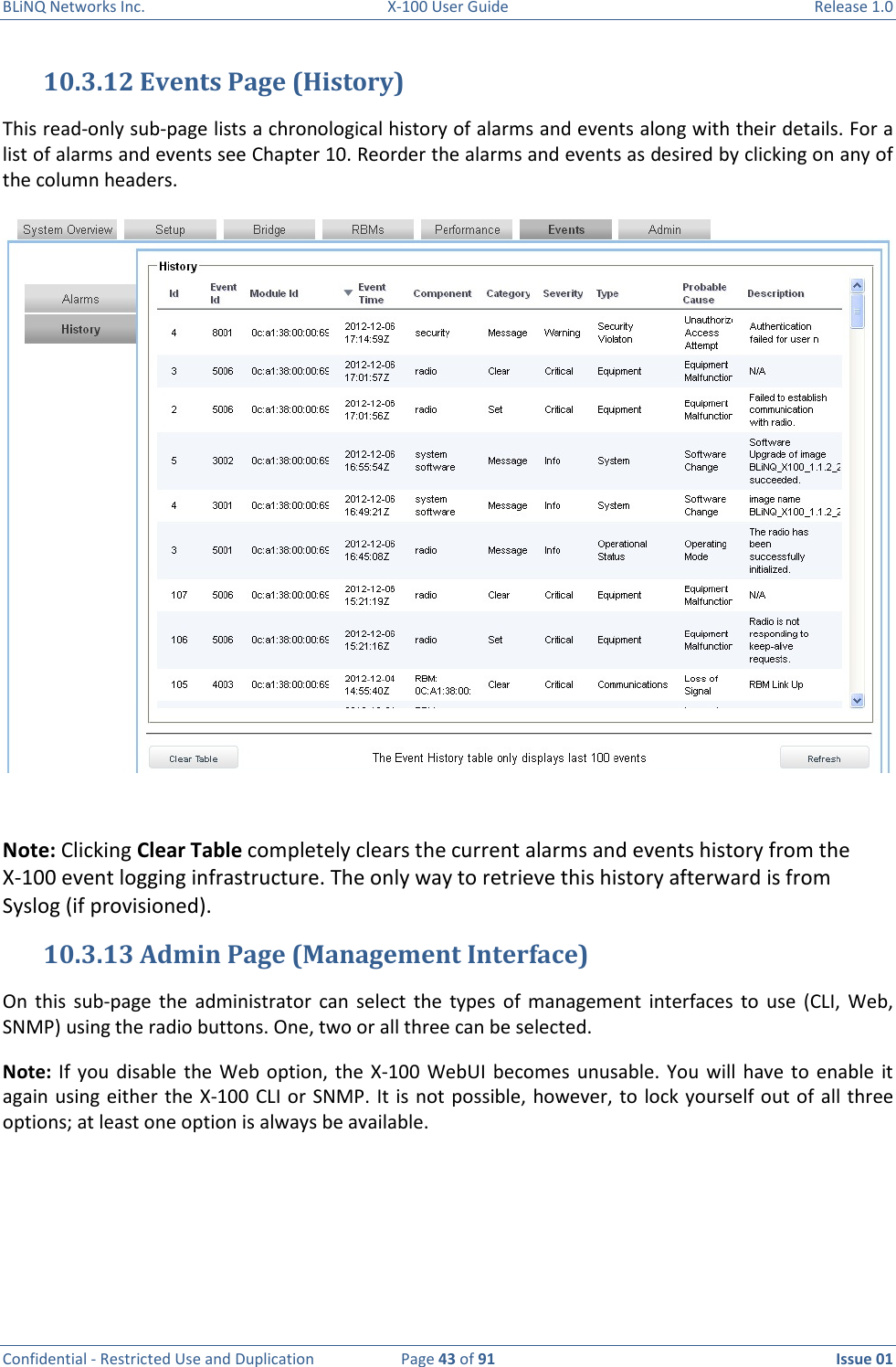 BLiNQ Networks Inc.  X-100 User Guide  Release 1.0  Confidential - Restricted Use and Duplication  Page 43 of 91  Issue 01    10.3.12 Events Page (History) This read-only sub-page lists a chronological history of alarms and events along with their details. For a list of alarms and events see Chapter 10. Reorder the alarms and events as desired by clicking on any of the column headers.   Note: Clicking Clear Table completely clears the current alarms and events history from the  X-100 event logging infrastructure. The only way to retrieve this history afterward is from Syslog (if provisioned).  10.3.13 Admin Page (Management Interface) On  this  sub-page  the  administrator  can  select  the  types  of  management  interfaces  to  use  (CLI,  Web, SNMP) using the radio buttons. One, two or all three can be selected.  Note:  If  you  disable  the Web  option, the  X-100 WebUI  becomes  unusable.  You  will have  to  enable  it again using either  the X-100 CLI or  SNMP. It is not possible,  however, to lock yourself out of  all three options; at least one option is always be available. 