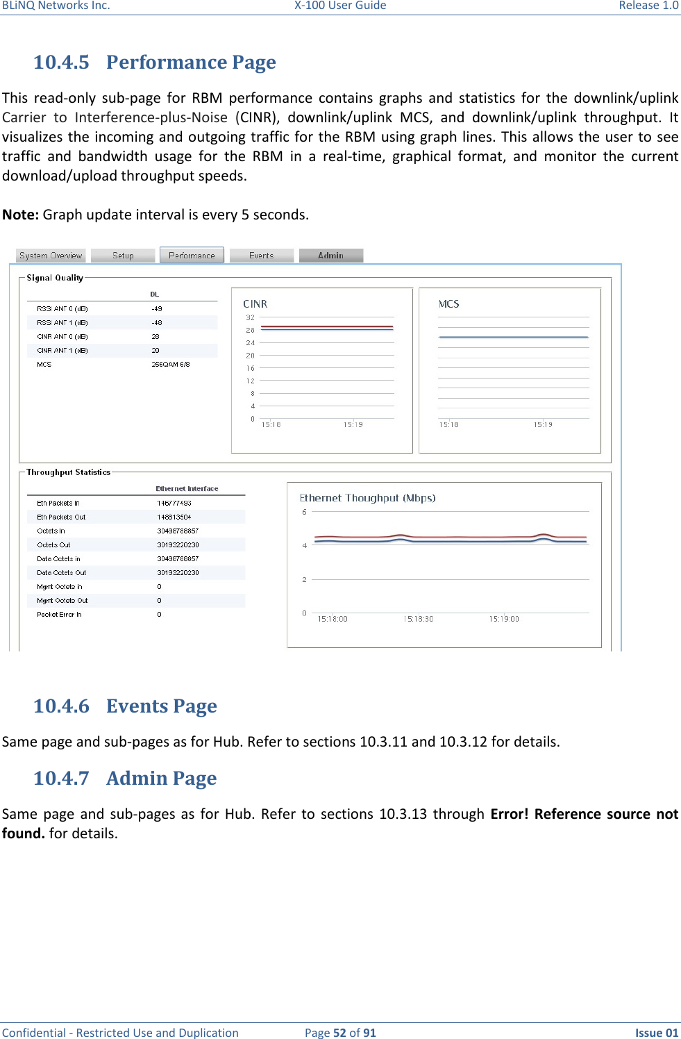 BLiNQ Networks Inc.  X-100 User Guide  Release 1.0  Confidential - Restricted Use and Duplication  Page 52 of 91  Issue 01    10.4.5 Performance Page This  read-only  sub-page  for  RBM  performance  contains  graphs  and  statistics  for  the  downlink/uplink Carrier  to  Interference-plus-Noise  (CINR),  downlink/uplink  MCS,  and  downlink/uplink  throughput.  It visualizes the incoming and outgoing traffic for the RBM using graph lines. This allows  the user to see traffic  and  bandwidth  usage  for  the  RBM  in  a  real-time,  graphical  format,  and  monitor  the  current download/upload throughput speeds.   Note: Graph update interval is every 5 seconds.      10.4.6 Events Page Same page and sub-pages as for Hub. Refer to sections 10.3.11 and 10.3.12 for details.  10.4.7 Admin Page Same  page and  sub-pages  as  for  Hub.  Refer  to  sections  10.3.13  through  Error! Reference  source not found. for details.     