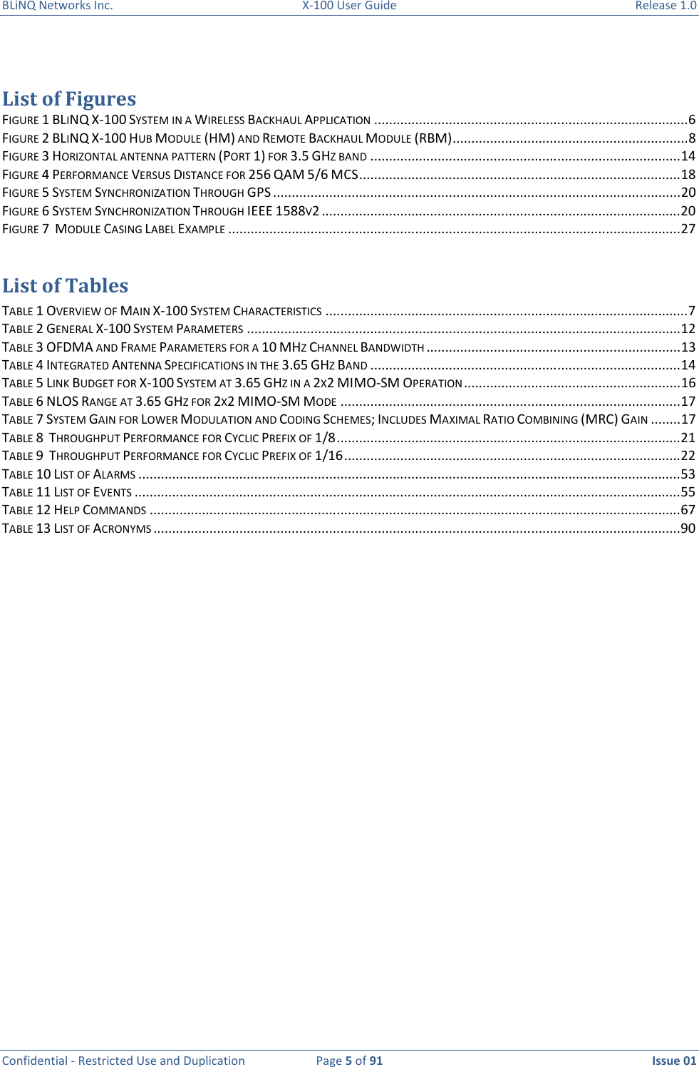 BLiNQ Networks Inc.  X-100 User Guide  Release 1.0  Confidential - Restricted Use and Duplication  Page 5 of 91  Issue 01     List of Figures FIGURE 1 BLINQ X-100 SYSTEM IN A WIRELESS BACKHAUL APPLICATION .................................................................................... 6 FIGURE 2 BLINQ X-100 HUB MODULE (HM) AND REMOTE BACKHAUL MODULE (RBM) ............................................................... 8 FIGURE 3 HORIZONTAL ANTENNA PATTERN (PORT 1) FOR 3.5 GHZ BAND ................................................................................... 14 FIGURE 4 PERFORMANCE VERSUS DISTANCE FOR 256 QAM 5/6 MCS ...................................................................................... 18 FIGURE 5 SYSTEM SYNCHRONIZATION THROUGH GPS ............................................................................................................. 20 FIGURE 6 SYSTEM SYNCHRONIZATION THROUGH IEEE 1588V2 ................................................................................................ 20 FIGURE 7  MODULE CASING LABEL EXAMPLE ......................................................................................................................... 27 List of Tables TABLE 1 OVERVIEW OF MAIN X-100 SYSTEM CHARACTERISTICS ................................................................................................. 7 TABLE 2 GENERAL X-100 SYSTEM PARAMETERS .................................................................................................................... 12 TABLE 3 OFDMA AND FRAME PARAMETERS FOR A 10 MHZ CHANNEL BANDWIDTH .................................................................... 13 TABLE 4 INTEGRATED ANTENNA SPECIFICATIONS IN THE 3.65 GHZ BAND ................................................................................... 14 TABLE 5 LINK BUDGET FOR X-100 SYSTEM AT 3.65 GHZ IN A 2X2 MIMO-SM OPERATION .......................................................... 16 TABLE 6 NLOS RANGE AT 3.65 GHZ FOR 2X2 MIMO-SM MODE ........................................................................................... 17 TABLE 7 SYSTEM GAIN FOR LOWER MODULATION AND CODING SCHEMES; INCLUDES MAXIMAL RATIO COMBINING (MRC) GAIN ........ 17 TABLE 8  THROUGHPUT PERFORMANCE FOR CYCLIC PREFIX OF 1/8 ............................................................................................ 21 TABLE 9  THROUGHPUT PERFORMANCE FOR CYCLIC PREFIX OF 1/16 .......................................................................................... 22 TABLE 10 LIST OF ALARMS ................................................................................................................................................. 53 TABLE 11 LIST OF EVENTS .................................................................................................................................................. 55 TABLE 12 HELP COMMANDS .............................................................................................................................................. 67 TABLE 13 LIST OF ACRONYMS ............................................................................................................................................. 90  