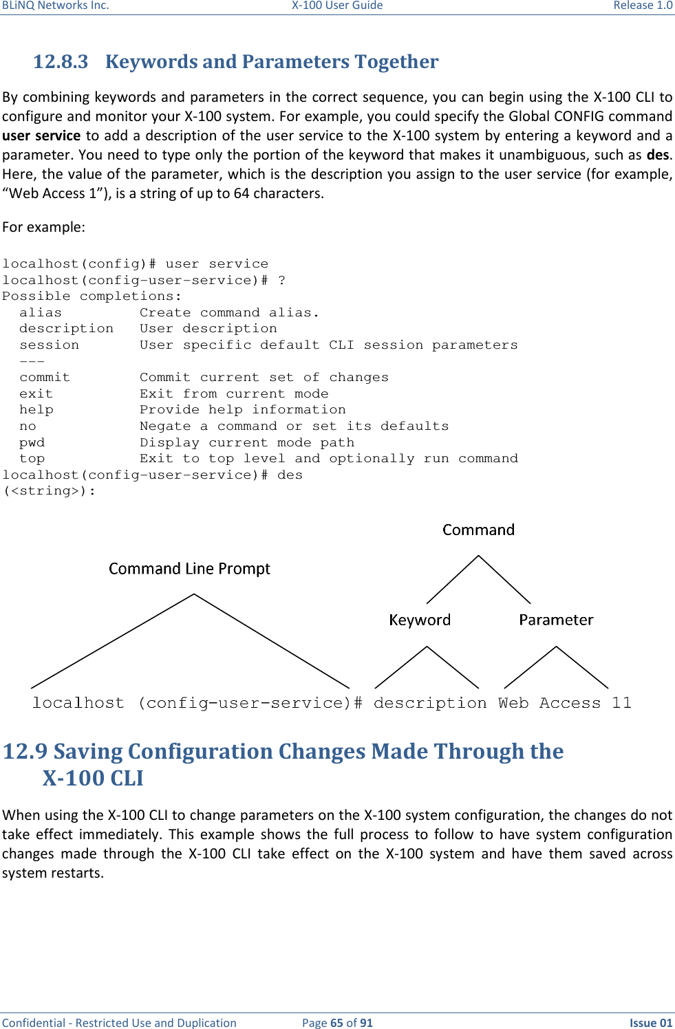 BLiNQ Networks Inc.  X-100 User Guide  Release 1.0  Confidential - Restricted Use and Duplication  Page 65 of 91  Issue 01    12.8.3 Keywords and Parameters Together By combining keywords and parameters in the correct sequence, you can begin using the X-100 CLI to configure and monitor your X-100 system. For example, you could specify the Global CONFIG command user service to add a description of the user service to the X-100 system by entering a keyword and a parameter. You need to type only the portion of the keyword that makes it unambiguous, such as des. Here, the value of the parameter, which is the description you assign to the user service (for example, “Web Access 1”), is a string of up to 64 characters. For example:   localhost(config)# user service localhost(config-user-service)# ? Possible completions:   alias         Create command alias.   description   User description   session       User specific default CLI session parameters   ---   commit        Commit current set of changes   exit          Exit from current mode   help          Provide help information   no            Negate a command or set its defaults   pwd           Display current mode path   top           Exit to top level and optionally run command localhost(config-user-service)# des (&lt;string&gt;):  12.9 Saving Configuration Changes Made Through the  X-100 CLI When using the X-100 CLI to change parameters on the X-100 system configuration, the changes do not take  effect  immediately.  This  example  shows  the  full  process  to  follow  to  have  system  configuration changes  made  through  the  X-100  CLI  take  effect  on  the  X-100  system  and  have  them  saved  across system restarts.    