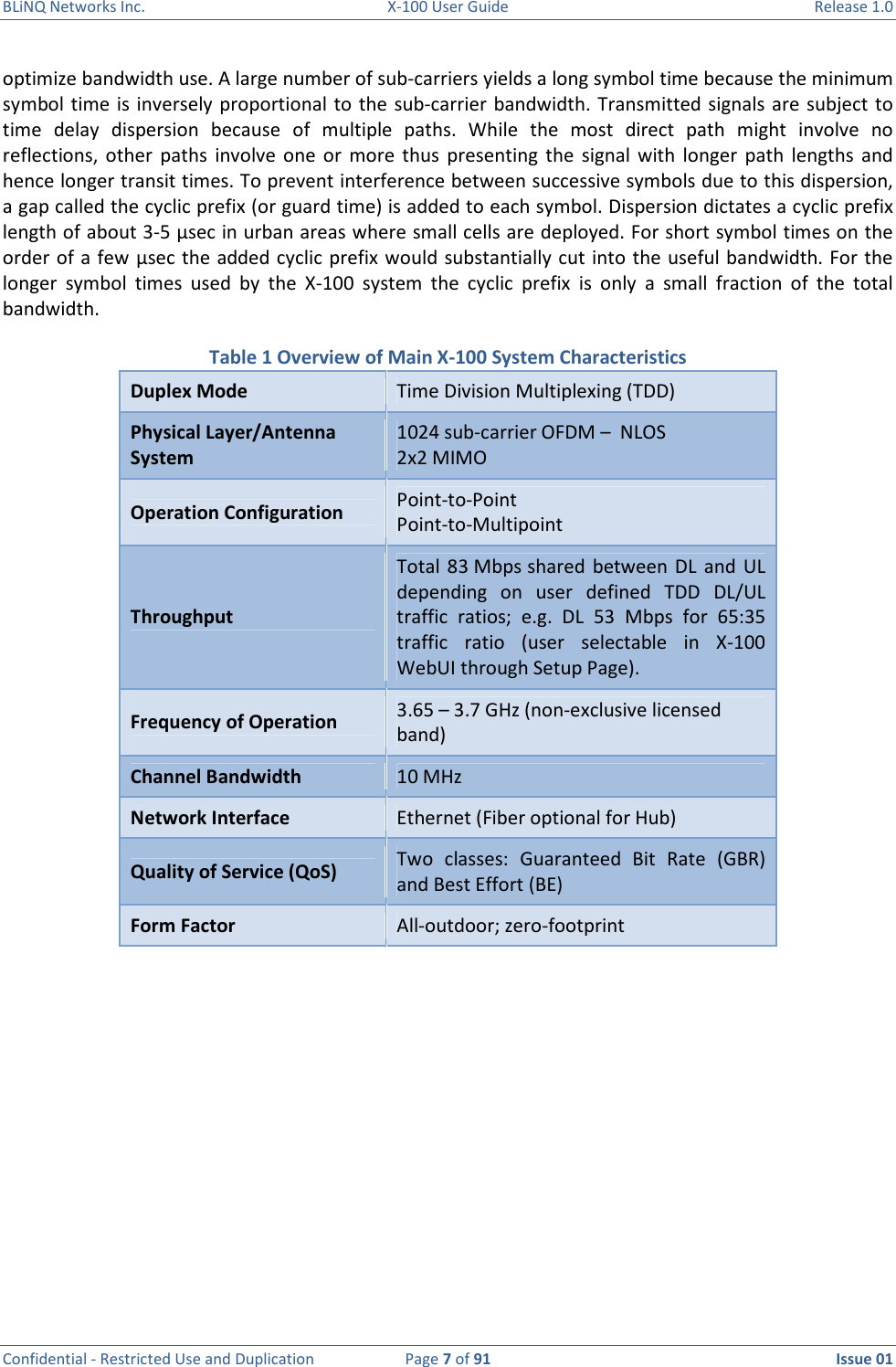 BLiNQ Networks Inc.  X-100 User Guide  Release 1.0  Confidential - Restricted Use and Duplication  Page 7 of 91  Issue 01    optimize bandwidth use. A large number of sub-carriers yields a long symbol time because the minimum symbol time is inversely proportional to the  sub-carrier  bandwidth. Transmitted signals  are  subject to time  delay  dispersion  because  of  multiple  paths.  While  the  most  direct  path  might  involve  no reflections,  other  paths  involve  one  or  more thus  presenting  the  signal  with  longer  path  lengths  and hence longer transit times. To prevent interference between successive symbols due to this dispersion, a gap called the cyclic prefix (or guard time) is added to each symbol. Dispersion dictates a cyclic prefix length of about 3-5 µsec in urban areas where small cells are deployed. For short symbol times on the order of a few µsec the added cyclic prefix would substantially cut into the useful bandwidth. For the longer  symbol  times  used  by  the  X-100  system  the  cyclic  prefix  is  only  a  small  fraction  of  the  total bandwidth. Table 1 Overview of Main X-100 System Characteristics Duplex Mode Time Division Multiplexing (TDD) Physical Layer/Antenna System 1024 sub-carrier OFDM –  NLOS 2x2 MIMO Operation Configuration Point-to-Point  Point-to-Multipoint Throughput Total 83 Mbps shared  between  DL and UL depending  on  user  defined  TDD  DL/UL traffic  ratios;  e.g.  DL  53  Mbps  for  65:35 traffic  ratio  (user  selectable  in  X-100 WebUI through Setup Page). Frequency of Operation 3.65 – 3.7 GHz (non-exclusive licensed band) Channel Bandwidth 10 MHz  Network Interface Ethernet (Fiber optional for Hub) Quality of Service (QoS) Two classes:  Guaranteed  Bit  Rate  (GBR)  and Best Effort (BE) Form Factor All-outdoor; zero-footprint  