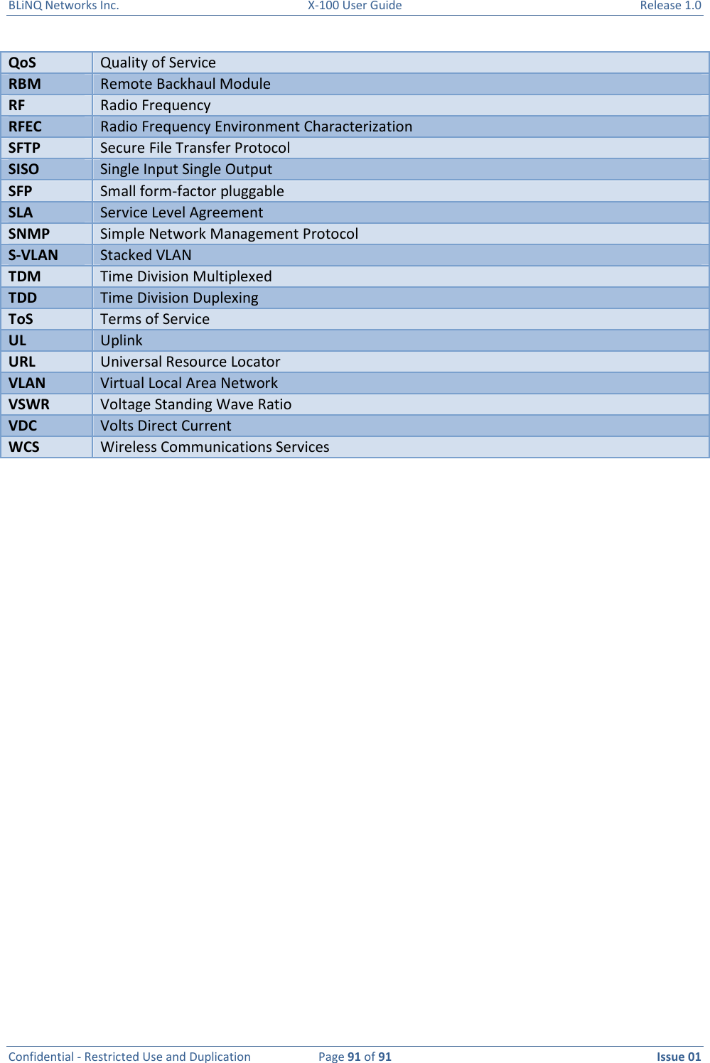 BLiNQ Networks Inc.  X-100 User Guide  Release 1.0  Confidential - Restricted Use and Duplication  Page 91 of 91  Issue 01    QoS Quality of Service RBM Remote Backhaul Module RF Radio Frequency RFEC Radio Frequency Environment Characterization SFTP Secure File Transfer Protocol SISO Single Input Single Output SFP Small form-factor pluggable SLA Service Level Agreement SNMP Simple Network Management Protocol S-VLAN Stacked VLAN TDM Time Division Multiplexed TDD Time Division Duplexing ToS Terms of Service UL Uplink URL Universal Resource Locator VLAN Virtual Local Area Network VSWR Voltage Standing Wave Ratio VDC Volts Direct Current WCS Wireless Communications Services     