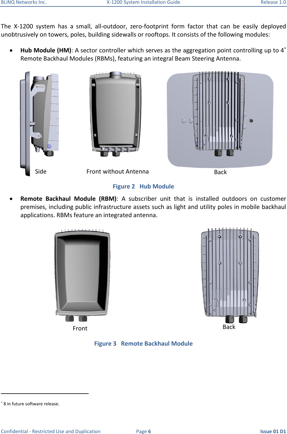 BLiNQ Networks Inc.  X-1200 System Installation Guide  Release 1.0  Confidential - Restricted Use and Duplication  Page 6  Issue 01 D1 The  X-1200  system  has  a  small,  all-outdoor,  zero-footprint  form  factor  that  can  be  easily  deployed unobtrusively on towers, poles, building sidewalls or rooftops. It consists of the following modules:  Hub Module (HM): A sector controller which serves as the aggregation point controlling up to 4 Remote Backhaul Modules (RBMs), featuring an integral Beam Steering Antenna.  Figure 2   Hub Module  Remote  Backhaul  Module  (RBM):  A  subscriber  unit  that  is  installed  outdoors  on  customer premises, including public infrastructure assets such as light and utility poles in mobile backhaul applications. RBMs feature an integrated antenna.   Figure 3   Remote Backhaul Module                                                             8 in future software release. Front Back Front without Antenna Back Side 