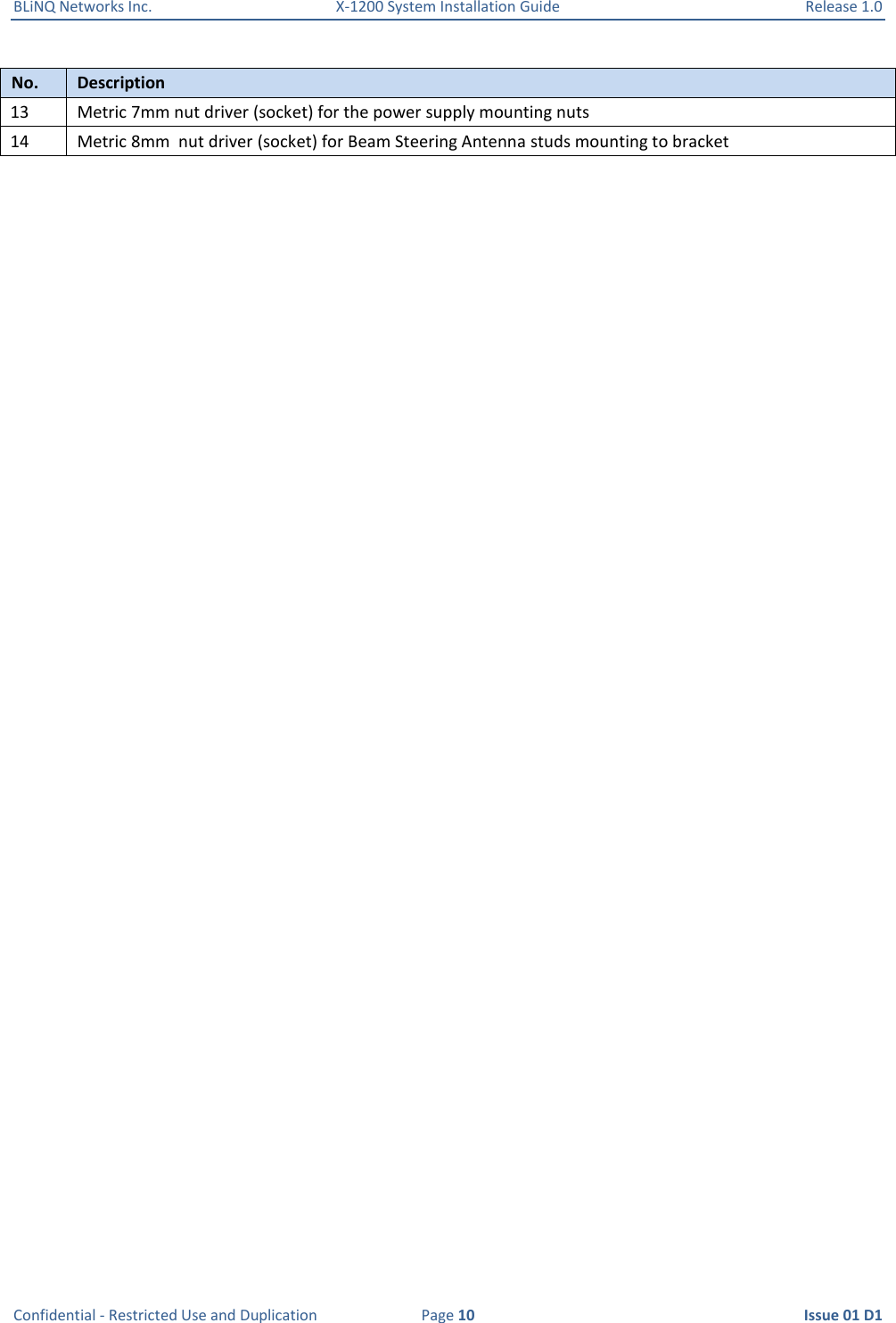 BLiNQ Networks Inc.  X-1200 System Installation Guide  Release 1.0  Confidential - Restricted Use and Duplication  Page 10  Issue 01 D1 No. Description 13 Metric 7mm nut driver (socket) for the power supply mounting nuts 14 Metric 8mm  nut driver (socket) for Beam Steering Antenna studs mounting to bracket 