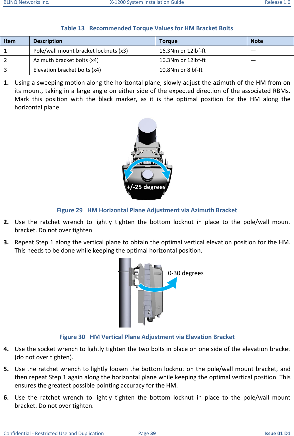 BLiNQ Networks Inc.  X-1200 System Installation Guide  Release 1.0  Confidential - Restricted Use and Duplication  Page 39  Issue 01 D1 Table 13   Recommended Torque Values for HM Bracket Bolts Item Description Torque Note 1 Pole/wall mount bracket locknuts (x3) 16.3Nm or 12lbf-ft — 2 Azimuth bracket bolts (x4) 16.3Nm or 12lbf-ft — 3 Elevation bracket bolts (x4) 10.8Nm or 8lbf-ft — 1. Using a sweeping motion along the horizontal plane, slowly adjust the azimuth of the HM from on its mount, taking in a large angle on either side of the expected direction of the associated RBMs. Mark  this  position  with  the  black  marker,  as  it  is  the  optimal  position  for  the  HM  along  the horizontal plane.  Figure 29   HM Horizontal Plane Adjustment via Azimuth Bracket 2. Use  the  ratchet  wrench  to  lightly  tighten  the  bottom  locknut  in  place  to  the  pole/wall  mount bracket. Do not over tighten.  3. Repeat Step 1 along the vertical plane to obtain the optimal vertical elevation position for the HM. This needs to be done while keeping the optimal horizontal position.   Figure 30   HM Vertical Plane Adjustment via Elevation Bracket 4. Use the socket wrench to lightly tighten the two bolts in place on one side of the elevation bracket (do not over tighten). 5. Use the ratchet wrench to lightly loosen the bottom locknut on the pole/wall mount bracket,  and then repeat Step 1 again along the horizontal plane while keeping the optimal vertical position. This ensures the greatest possible pointing accuracy for the HM. 6. Use  the  ratchet  wrench  to  lightly  tighten  the  bottom  locknut  in  place  to  the  pole/wall  mount bracket. Do not over tighten. +/-25 degrees 0-30 degrees 