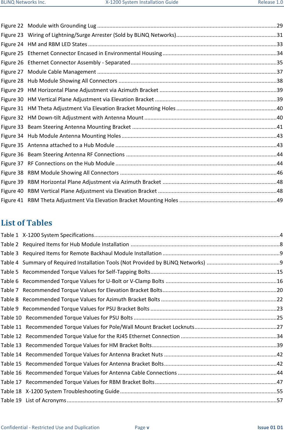 BLiNQ Networks Inc.  X-1200 System Installation Guide  Release 1.0  Confidential - Restricted Use and Duplication  Page v  Issue 01 D1 Figure 22   Module with Grounding Lug ...................................................................................................................... 29 Figure 23   Wiring of Lightning/Surge Arrester (Sold by BLiNQ Networks) .................................................................. 31 Figure 24   HM and RBM LED States ............................................................................................................................ 33 Figure 25   Ethernet Connector Encased in Environmental Housing ........................................................................... 34 Figure 26   Ethernet Connector Assembly - Separated ................................................................................................ 35 Figure 27   Module Cable Management ...................................................................................................................... 37 Figure 28   Hub Module Showing All Connectors ........................................................................................................ 38 Figure 29   HM Horizontal Plane Adjustment via Azimuth Bracket ............................................................................. 39 Figure 30   HM Vertical Plane Adjustment via Elevation Bracket ................................................................................ 39 Figure 31   HM Theta Adjustment Via Elevation Bracket Mounting Holes .................................................................. 40 Figure 32   HM Down-tilt Adjustment with Antenna Mount ....................................................................................... 40 Figure 33   Beam Steering Antenna Mounting Bracket ............................................................................................... 41 Figure 34   Hub Module Antenna Mounting Holes ...................................................................................................... 43 Figure 35   Antenna attached to a Hub Module .......................................................................................................... 43 Figure 36   Beam Steering Antenna RF Connections ................................................................................................... 44 Figure 37   RF Connections on the Hub Module .......................................................................................................... 44 Figure 38   RBM Module Showing All Connectors ....................................................................................................... 46 Figure 39   RBM Horizontal Plane Adjustment via Azimuth Bracket ........................................................................... 48 Figure 40   RBM Vertical Plane Adjustment via Elevation Bracket .............................................................................. 48 Figure 41   RBM Theta Adjustment Via Elevation Bracket Mounting Holes ................................................................ 49  List of Tables Table 1   X-1200 System Specifications .......................................................................................................................... 4 Table 2   Required Items for Hub Module Installation .................................................................................................. 8 Table 3   Required Items for Remote Backhaul Module Installation ............................................................................. 9 Table 4   Summary of Required Installation Tools (Not Provided by BLiNQ Networks) ................................................ 9 Table 5   Recommended Torque Values for Self-Tapping Bolts ................................................................................... 15 Table 6   Recommended Torque Values for U-Bolt or V-Clamp Bolts ......................................................................... 16 Table 7   Recommended Torque Values for Elevation Bracket Bolts ........................................................................... 20 Table 8   Recommended Torque Values for Azimuth Bracket Bolts ............................................................................ 22 Table 9   Recommended Torque Values for PSU Bracket Bolts ................................................................................... 23 Table 10   Recommended Torque Values for PSU Bolts .............................................................................................. 25 Table 11   Recommended Torque Values for Pole/Wall Mount Bracket Locknuts ...................................................... 27 Table 12   Recommended Torque Value for the RJ45 Ethernet Connection ............................................................... 34 Table 13   Recommended Torque Values for HM Bracket Bolts .................................................................................. 39 Table 14   Recommended Torque Values for Antenna Bracket Nuts .......................................................................... 42 Table 15   Recommended Torque Values for Antenna Bracket Bolts .......................................................................... 42 Table 16   Recommended Torque Values for Antenna Cable Connections ................................................................. 44 Table 17   Recommended Torque Values for RBM Bracket Bolts ................................................................................ 47 Table 18   X-1200 System Troubleshooting Guide ....................................................................................................... 55 Table 19   List of Acronyms .......................................................................................................................................... 57 