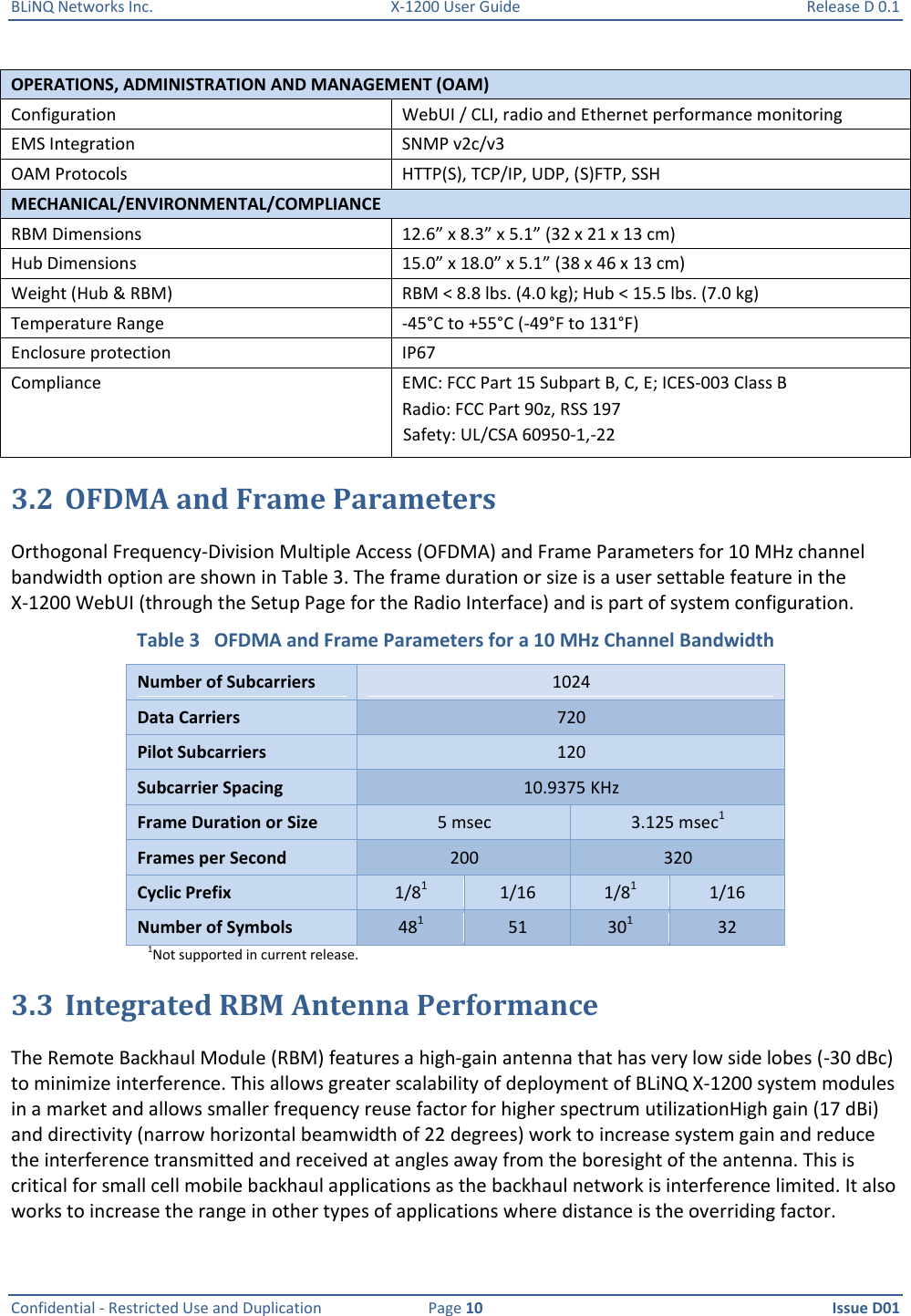 BLiNQ Networks Inc.  X-1200 User Guide  Release D 0.1  Confidential - Restricted Use and Duplication  Page 10  Issue D01     OPERATIONS, ADMINISTRATION AND MANAGEMENT (OAM) Configuration WebUI / CLI, radio and Ethernet performance monitoring EMS Integration SNMP v2c/v3 OAM Protocols HTTP(S), TCP/IP, UDP, (S)FTP, SSH MECHANICAL/ENVIRONMENTAL/COMPLIANCE RBM Dimensions 12.6” x 8.3” x 5.1” (32 x 21 x 13 cm) Hub Dimensions 15.0” x 18.0” x 5.1” (38 x 46 x 13 cm) Weight (Hub &amp; RBM) RBM &lt; 8.8 lbs. (4.0 kg); Hub &lt; 15.5 lbs. (7.0 kg) Temperature Range -45°C to +55°C (-49°F to 131°F) Enclosure protection IP67 Compliance EMC: FCC Part 15 Subpart B, C, E; ICES-003 Class B Radio: FCC Part 90z, RSS 197  Safety: UL/CSA 60950-1,-22 3.2 OFDMA and Frame Parameters Orthogonal Frequency-Division Multiple Access (OFDMA) and Frame Parameters for 10 MHz channel bandwidth option are shown in Table 3. The frame duration or size is a user settable feature in the X-1200 WebUI (through the Setup Page for the Radio Interface) and is part of system configuration.  Table 3   OFDMA and Frame Parameters for a 10 MHz Channel Bandwidth Number of Subcarriers 1024 Data Carriers 720 Pilot Subcarriers 120 Subcarrier Spacing 10.9375 KHz Frame Duration or Size 5 msec 3.125 msec1 Frames per Second 200 320 Cyclic Prefix 1/81 1/16 1/81 1/16 Number of Symbols 481 51 301 32 1Not supported in current release.  3.3 Integrated RBM Antenna Performance The Remote Backhaul Module (RBM) features a high-gain antenna that has very low side lobes (-30 dBc) to minimize interference. This allows greater scalability of deployment of BLiNQ X-1200 system modules in a market and allows smaller frequency reuse factor for higher spectrum utilizationHigh gain (17 dBi) and directivity (narrow horizontal beamwidth of 22 degrees) work to increase system gain and reduce the interference transmitted and received at angles away from the boresight of the antenna. This is critical for small cell mobile backhaul applications as the backhaul network is interference limited. It also works to increase the range in other types of applications where distance is the overriding factor.  