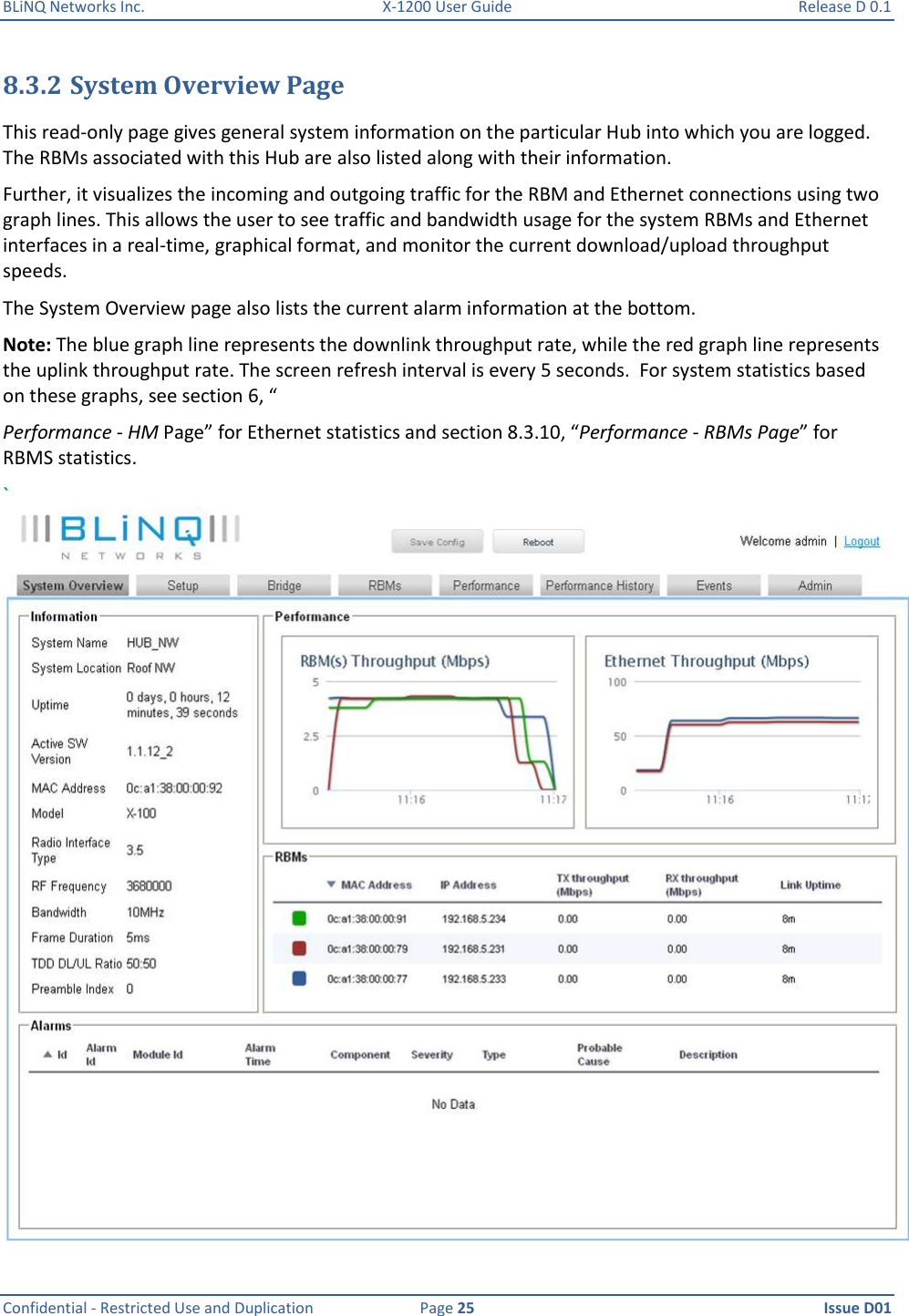 BLiNQ Networks Inc.  X-1200 User Guide  Release D 0.1  Confidential - Restricted Use and Duplication  Page 25  Issue D01     8.3.2 System Overview Page This read-only page gives general system information on the particular Hub into which you are logged. The RBMs associated with this Hub are also listed along with their information.  Further, it visualizes the incoming and outgoing traffic for the RBM and Ethernet connections using two graph lines. This allows the user to see traffic and bandwidth usage for the system RBMs and Ethernet interfaces in a real-time, graphical format, and monitor the current download/upload throughput speeds.  The System Overview page also lists the current alarm information at the bottom.  Note: The blue graph line represents the downlink throughput rate, while the red graph line represents the uplink throughput rate. The screen refresh interval is every 5 seconds.  For system statistics based on these graphs, see section 6, “ Performance - HM Page” for Ethernet statistics and section 8.3.10, “Performance - RBMs Page” for RBMS statistics. ` 