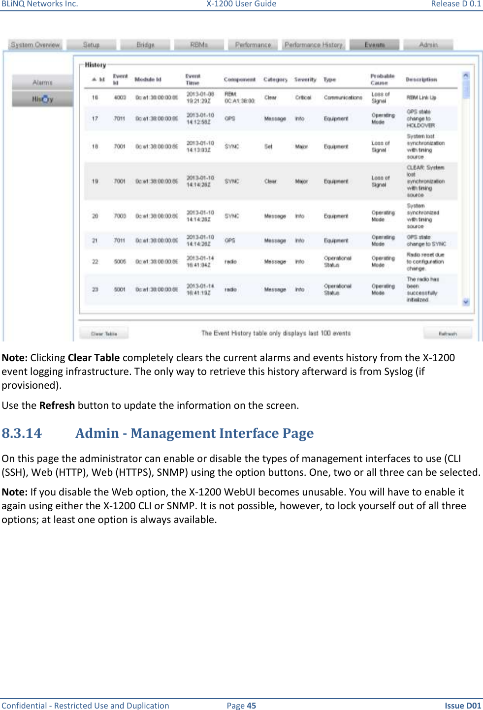 BLiNQ Networks Inc.  X-1200 User Guide  Release D 0.1  Confidential - Restricted Use and Duplication  Page 45  Issue D01      Note: Clicking Clear Table completely clears the current alarms and events history from the X-1200 event logging infrastructure. The only way to retrieve this history afterward is from Syslog (if provisioned). Use the Refresh button to update the information on the screen. 8.3.14 Admin - Management Interface Page On this page the administrator can enable or disable the types of management interfaces to use (CLI (SSH), Web (HTTP), Web (HTTPS), SNMP) using the option buttons. One, two or all three can be selected.  Note: If you disable the Web option, the X-1200 WebUI becomes unusable. You will have to enable it again using either the X-1200 CLI or SNMP. It is not possible, however, to lock yourself out of all three options; at least one option is always available. 