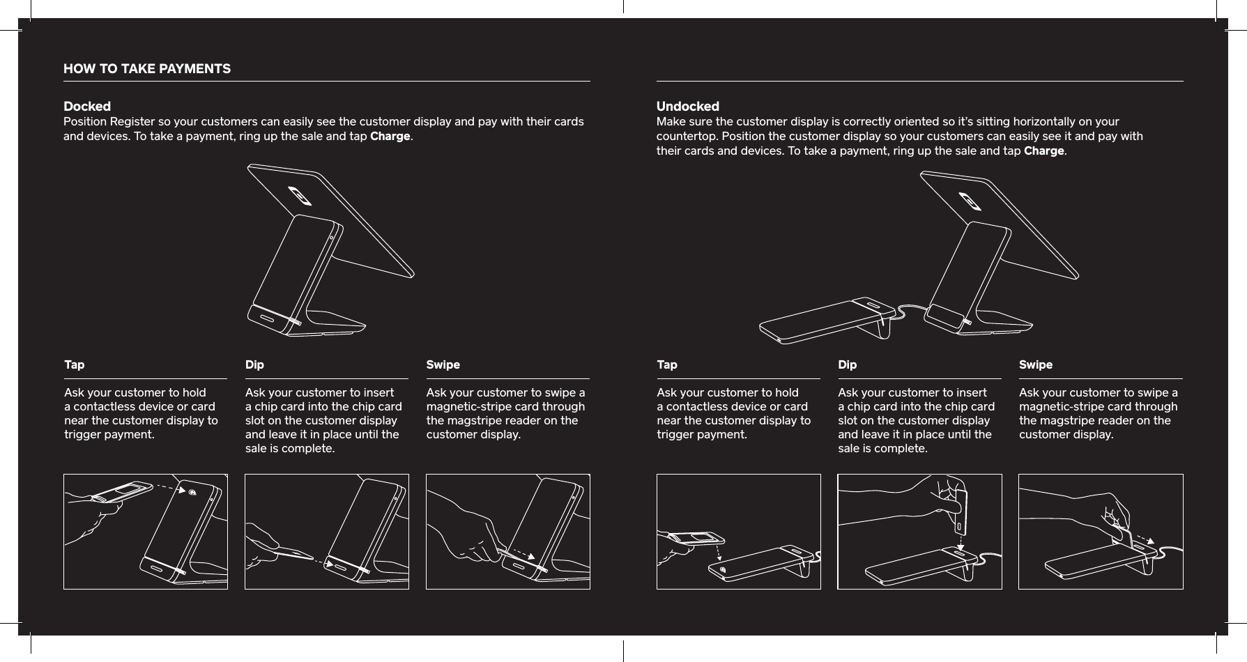 HOW TO TAKE PAYMENTS   DockedPosition Register so your customers can easily see the customer display and pay with their cards and devices. To take a payment, ring up the sale and tap Charge.UndockedMake sure the customer display is correctly oriented so it’s sitting horizontally on your counteop. Position the customer display so your customers can easily see it and pay with  their cards and devices. To take a payment, ring up the sale and tap Charge.TapAsk your customer to hold a contactless device or card near the customer display to trigger payment. DipAsk your customer to inse a chip card into the chip card slot on the customer display and leave it in place until the sale is complete.SwipeAsk your customer to swipe a magnetic-stripe card through the magstripe reader on the customer display.TapAsk your customer to hold a contactless device or card near the customer display to trigger payment. DipAsk your customer to inse a chip card into the chip card slot on the customer display and leave it in place until the sale is complete.SwipeAsk your customer to swipe a magnetic-stripe card through the magstripe reader on the customer display.