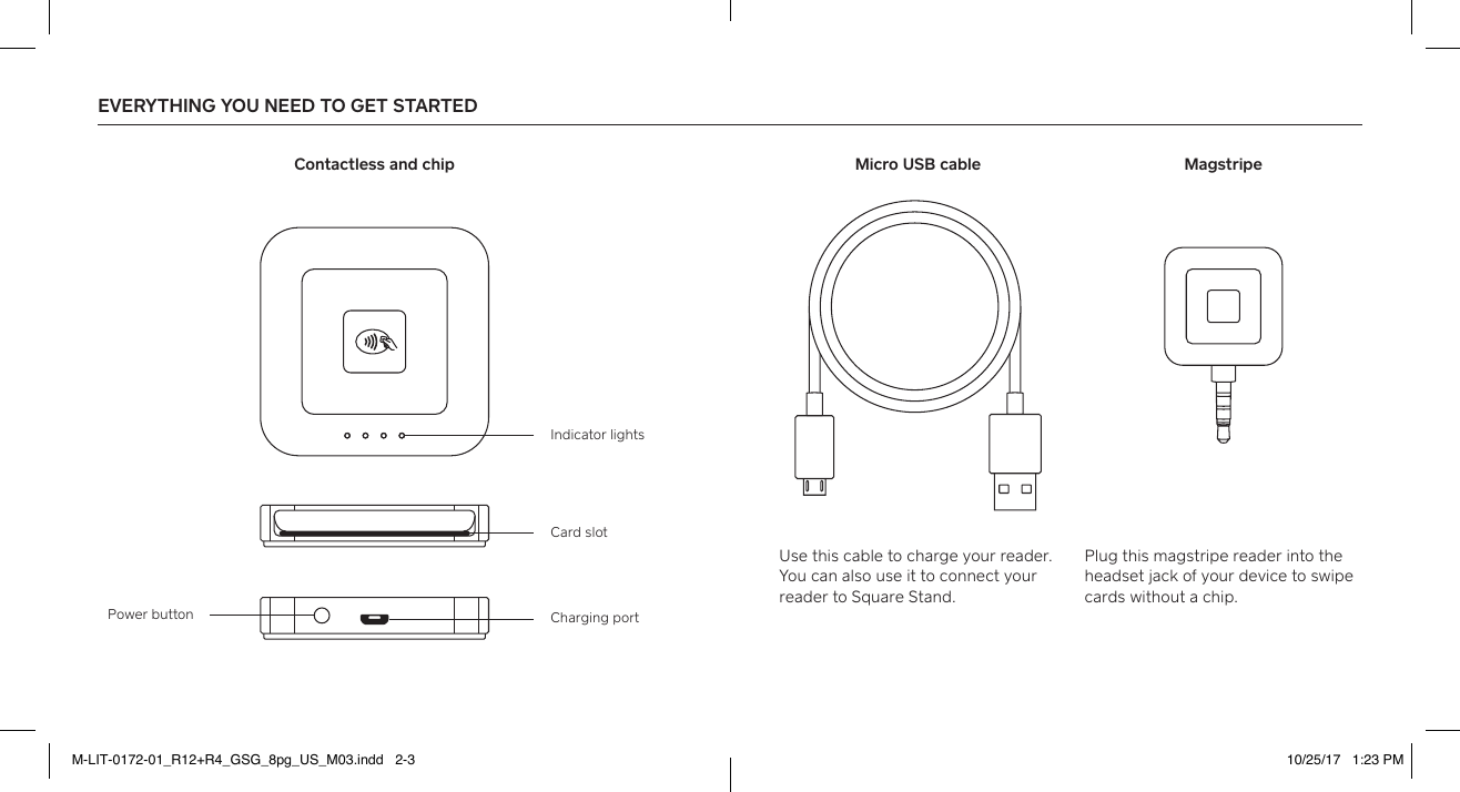 EVERYTHING YOU NEED TO GET STARTED Power button Charging poCard slotIndicator lightsContactless and chip Micro USB cable MagstripeUse this cable to charge your reader. You can also use it to connect your reader to Square Stand.Plug this magstripe reader into the headset jack of your device to swipe cards without a chip.   M-LIT-0172-01_R12+R4_GSG_8pg_US_M03.indd   2-3 10/25/17   1:23 PM